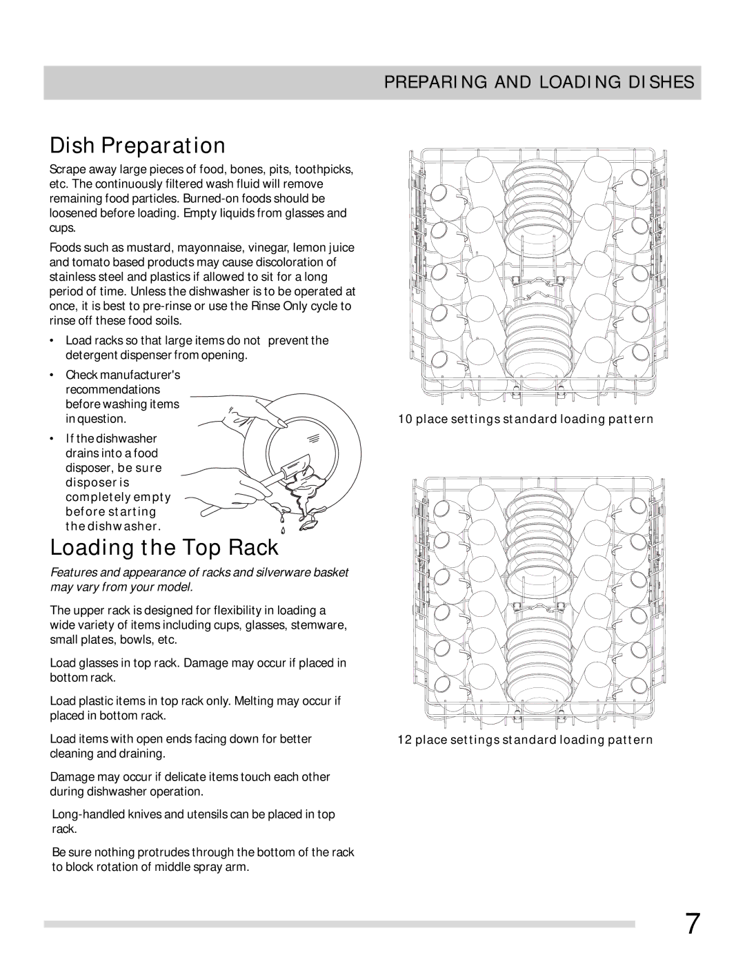 Frigidaire FGBD2435NF, FGBD2435NW, FGBD2431NB Dish Preparation, Loading the Top Rack, Preparing and Loading Dishes 