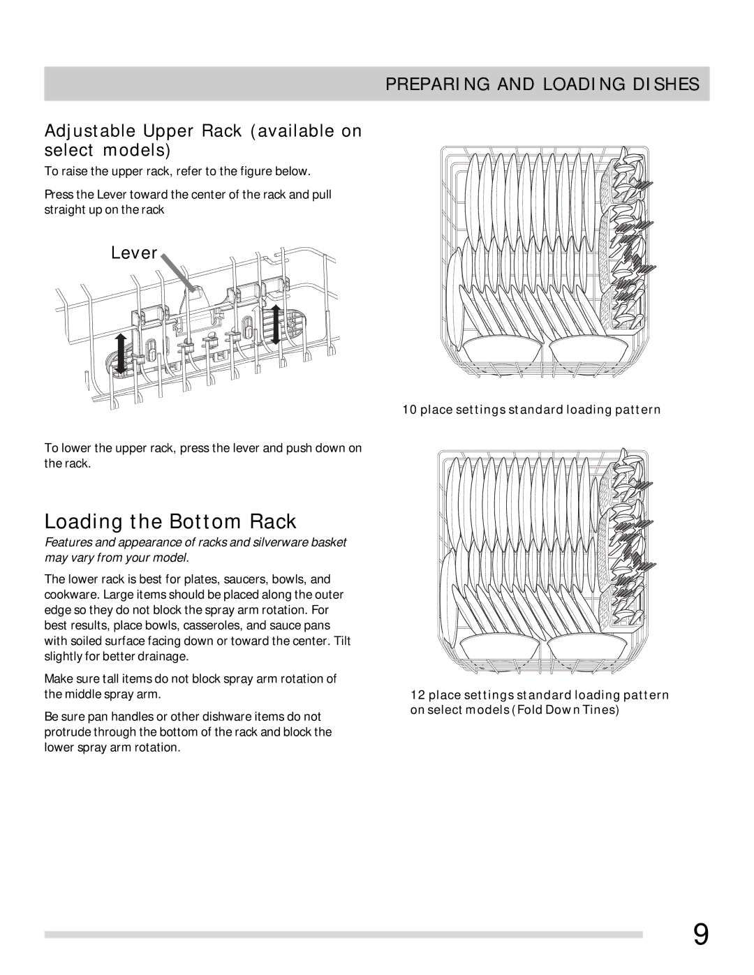 Frigidaire FGBD2431NB, FGBD2435NF, FGBD2435NW, FGBD2435NB, FGBD2431NF Adjustable Upper Rack available on select models, Lever 