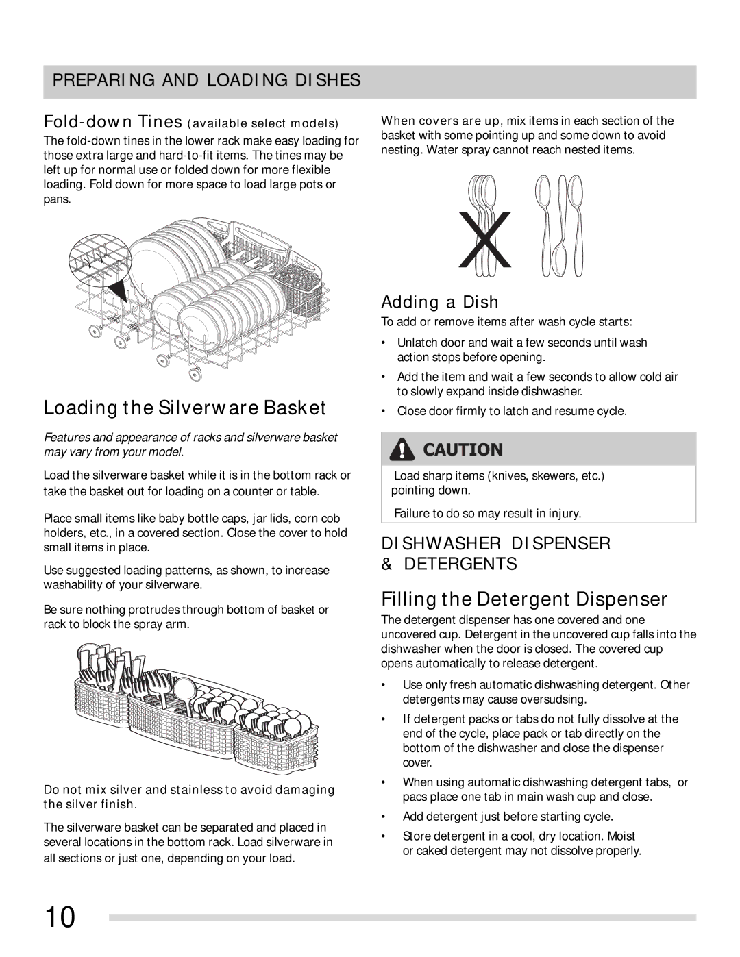 Frigidaire FGBD2445NB Adding a Dish, Dishwasher Dispenser & Detergents, Fold-down Tines available select models 