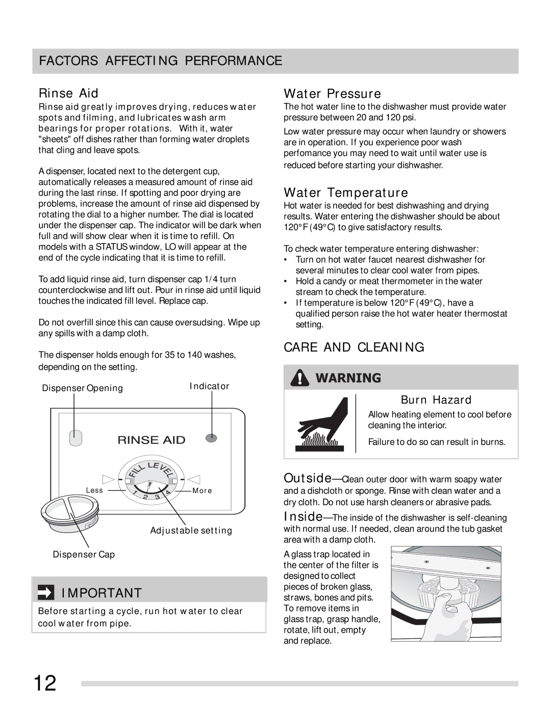 Frigidaire FGBD2445NF Factors Affecting Performance, Rinse Aid, Water Pressure, Water Temperature, Care and Cleaning 