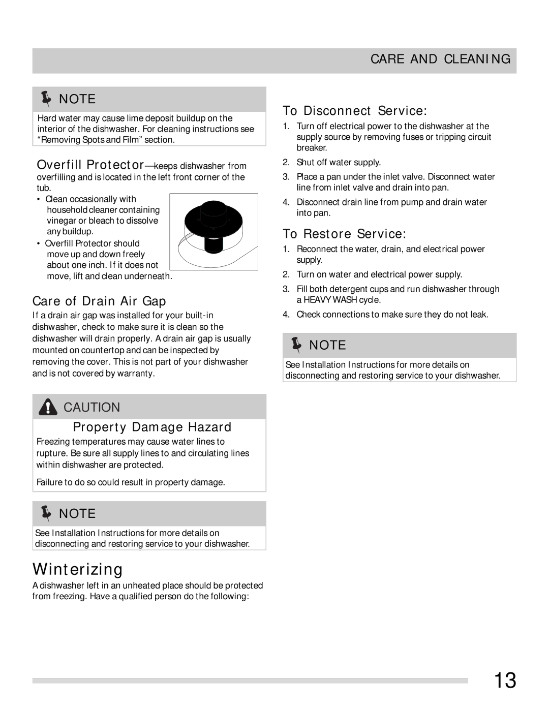 Frigidaire FGBD2438PW, FGBD2445NW Winterizing, Care of Drain Air Gap, Property Damage Hazard, To Disconnect Service 