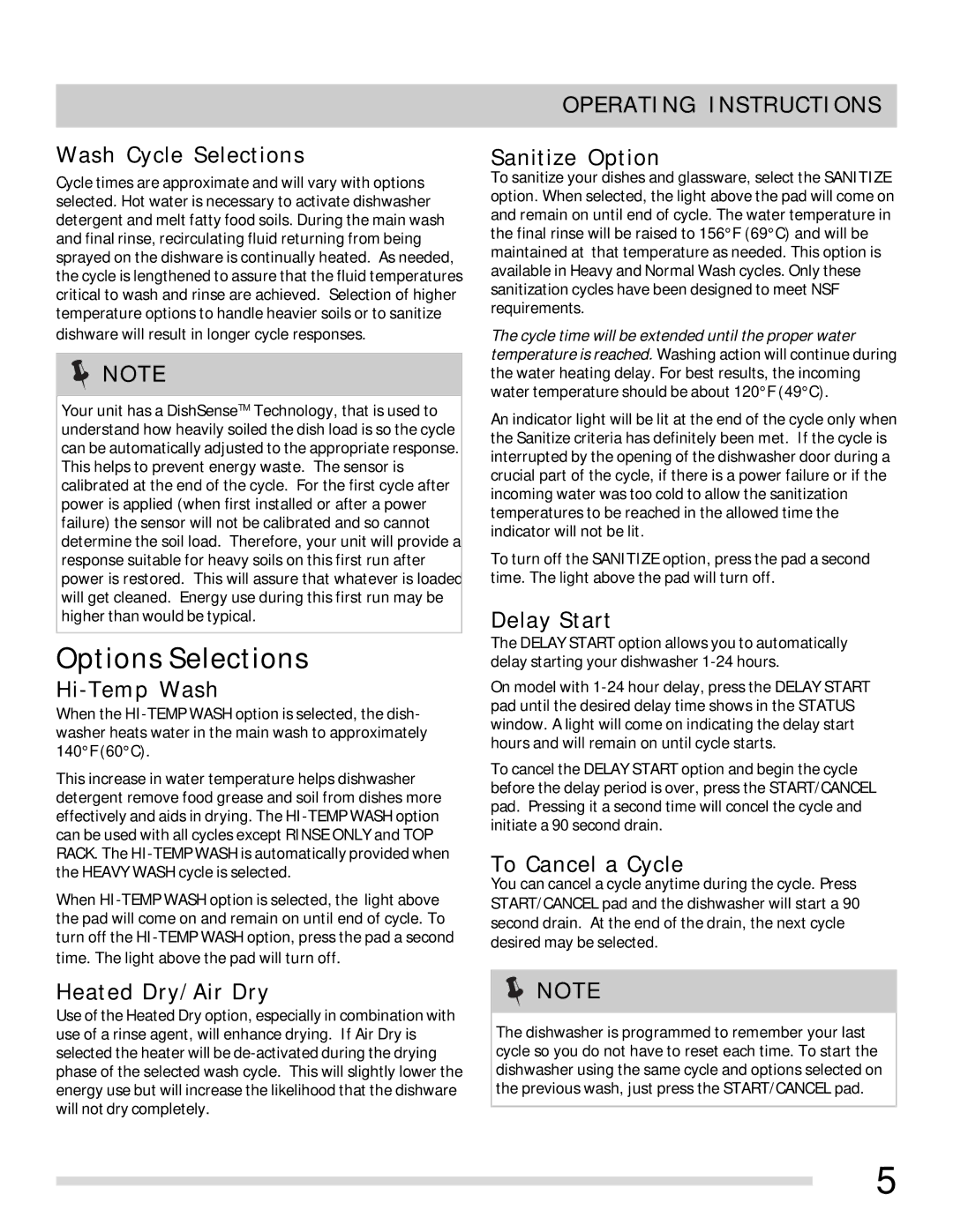 Frigidaire FGBD2445NF, FGBD2445NW, FGBD2445NQ, FGBD2438PF, FGBD2445NB, FGBD2438PB Options Selections, Operating Instructions 