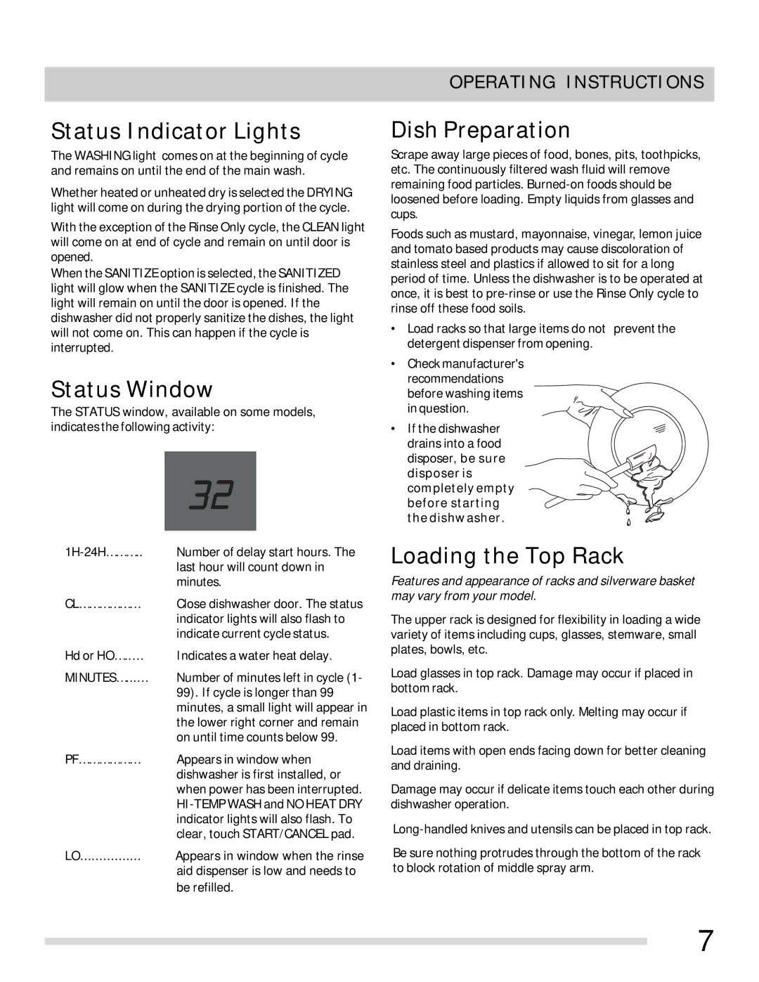 Frigidaire FGBD2445NW, FGBD2445NQ Status Indicator Lights, Status Window, Dish Preparation, Loading the Top Rack 