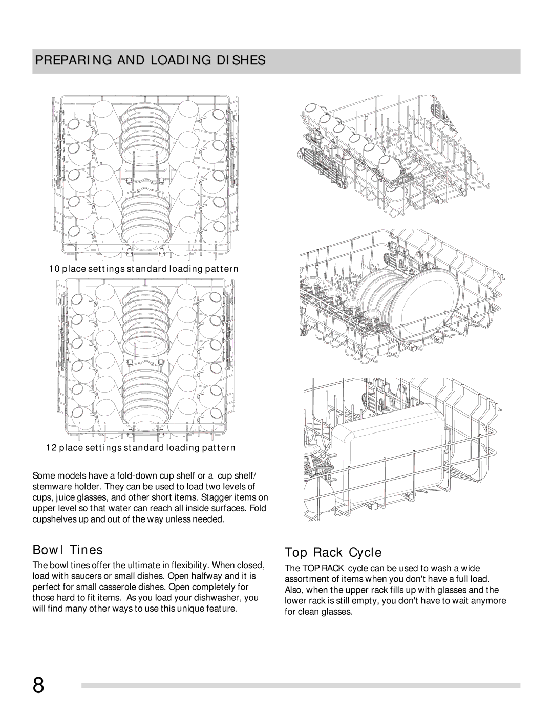 Frigidaire FGBD2445NQ Preparing and Loading Dishes, Bowl Tines, Top Rack Cycle, Place settings standard loading pattern 