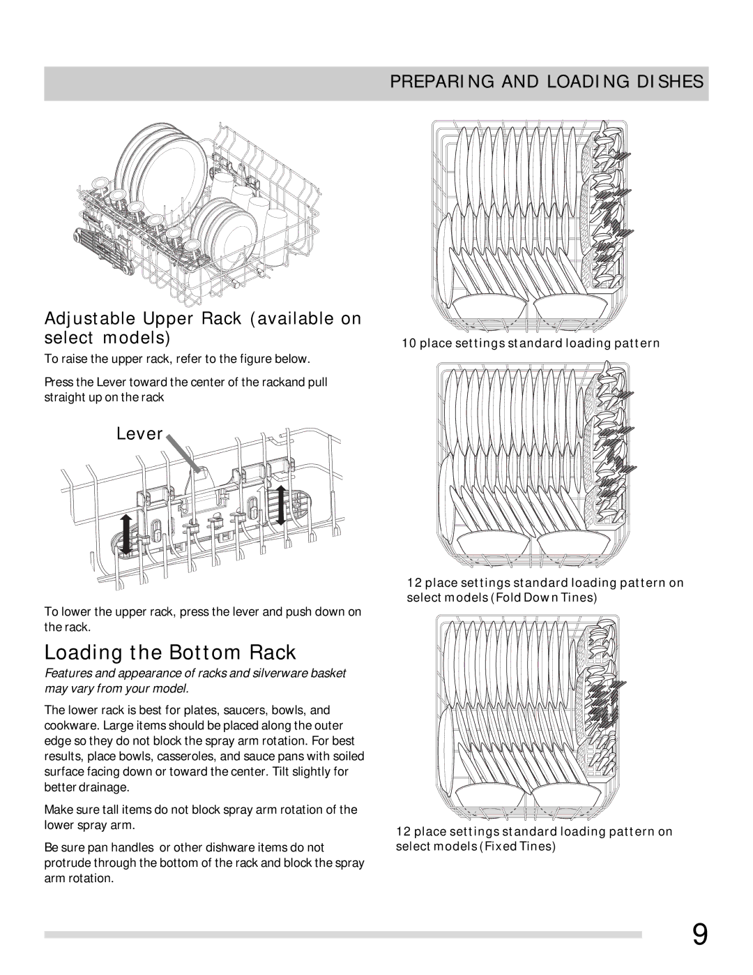 Frigidaire FGBD2438PF, FGBD2445NW, FGBD2445NQ, FGBD2445NB, FGBD2438PB Adjustable Upper Rack available on select models, Lever 