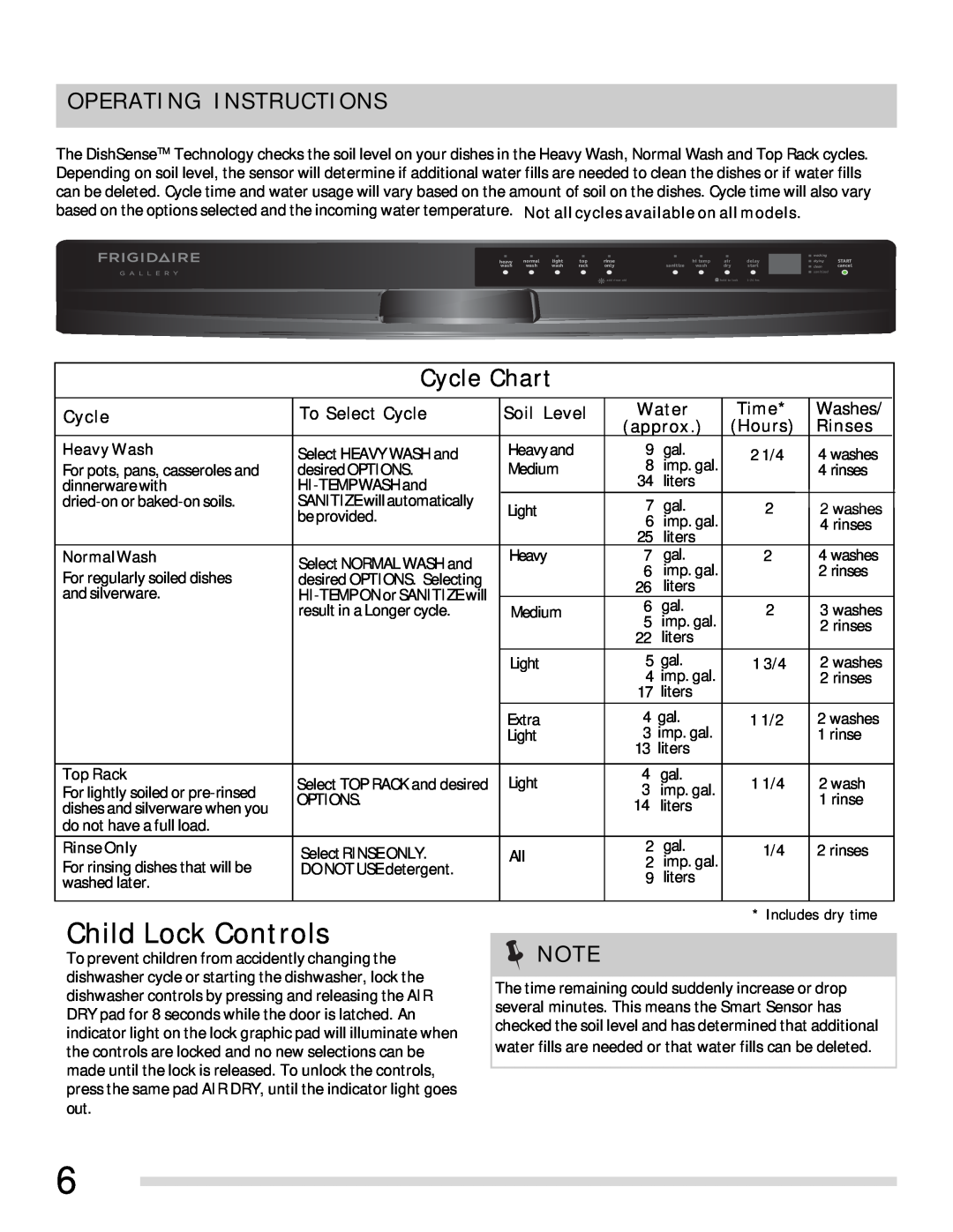 Frigidaire FGBD2438PW Child Lock Controls, Operating Instructions, To Select Cycle, Soil Level, Time, Hours, Rinses 