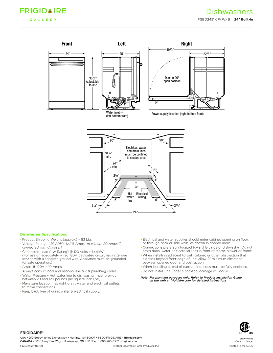 Frigidaire FGBD2451K dimensions Dishwashers, Dishwasher Specifications 