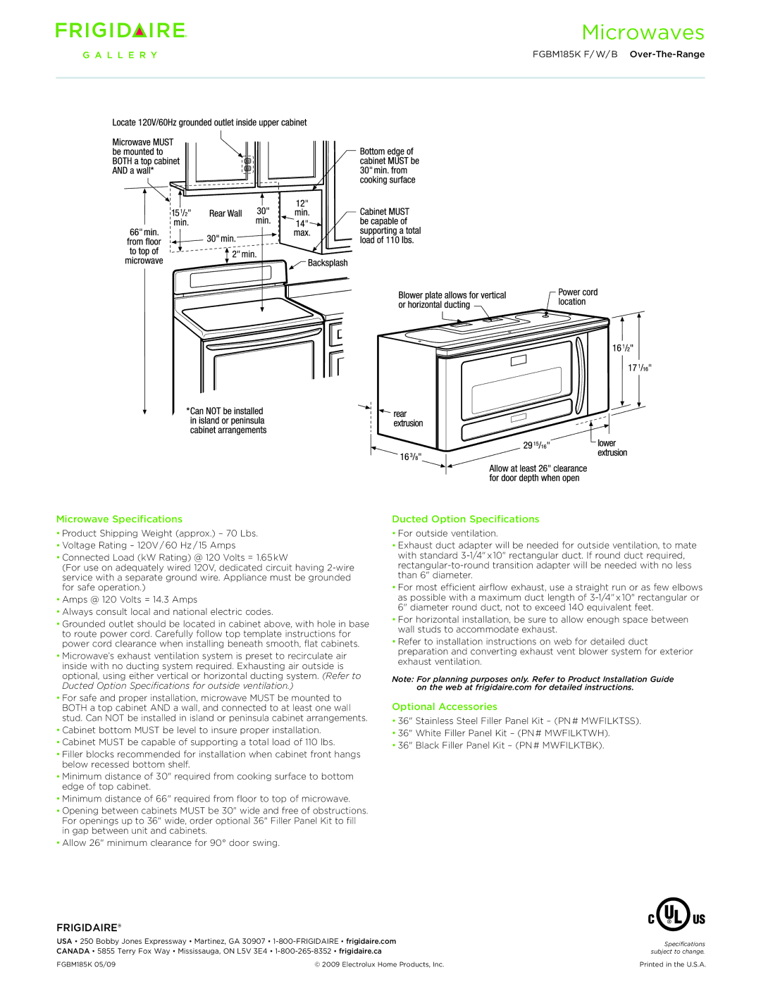 Frigidaire FGBM185KF, FGBM185KW, FGBM185KB Microwave Specifications, Ducted Option Specifications, Optional Accessories 