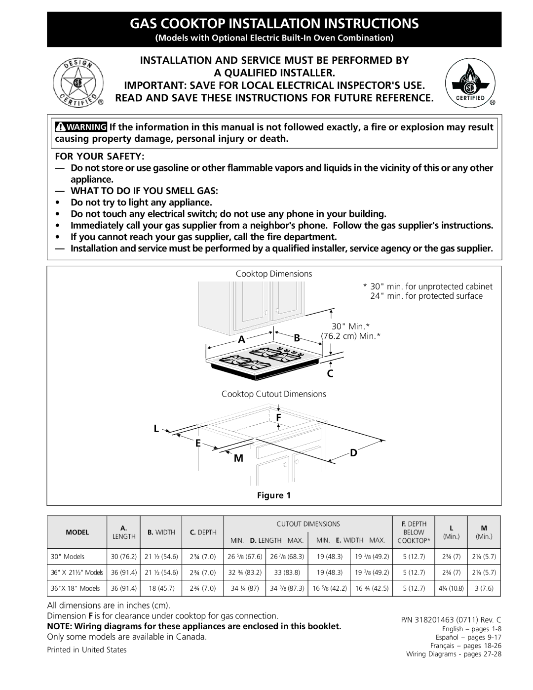 Frigidaire 318201463 (0711), FGC36S5EC dimensions GAS Cooktop Installation Instructions 