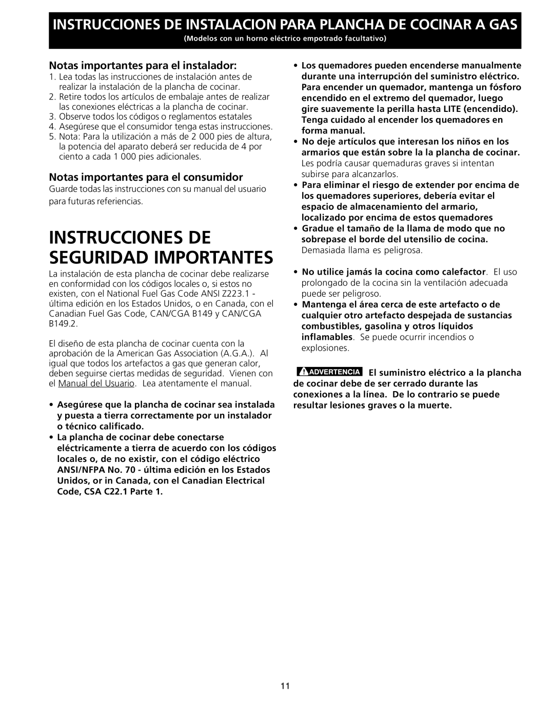 Frigidaire 318201463 (0711), FGC36S5EC dimensions Notas importantes para el instalador, Notas importantes para el consumidor 