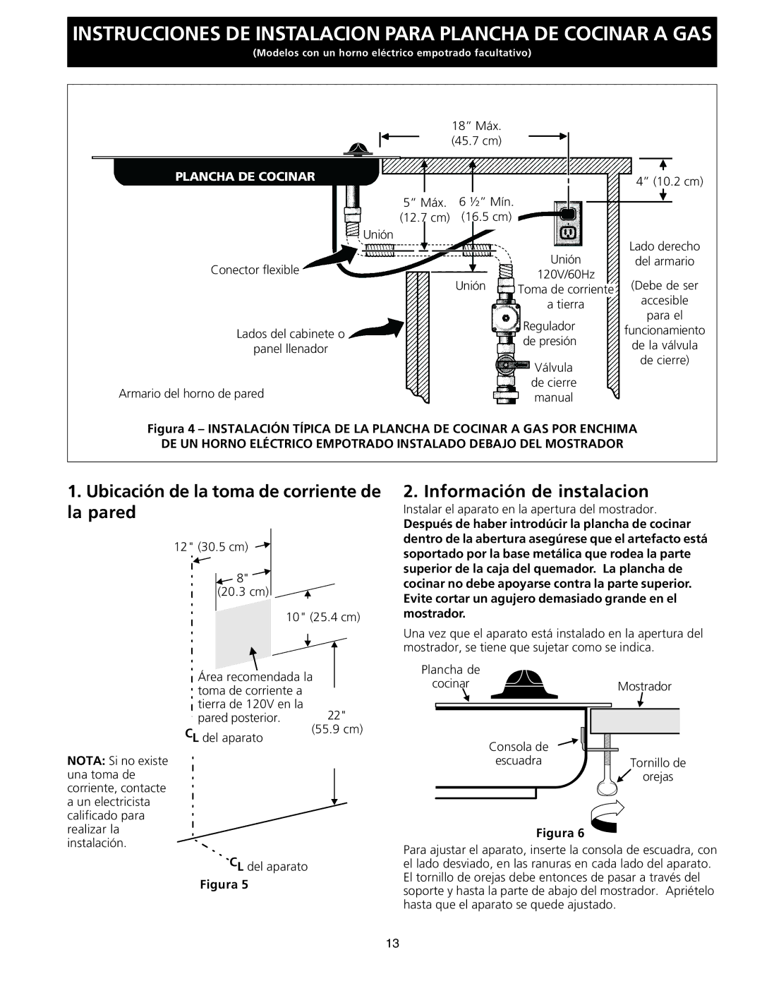 Frigidaire 318201463 (0711), FGC36S5EC dimensions Ubicación de la toma de corriente de la pared, Información de instalacion 