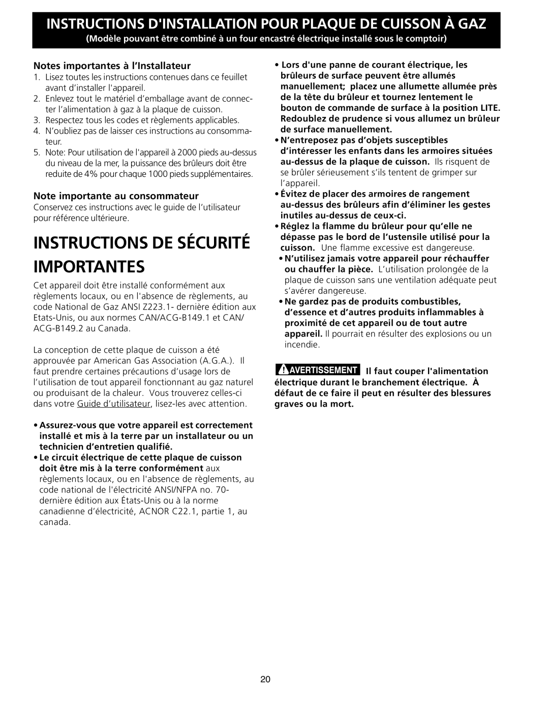 Frigidaire FGC36S5EC, 318201463 (0711) dimensions Instructions DE Sécurité Importantes 