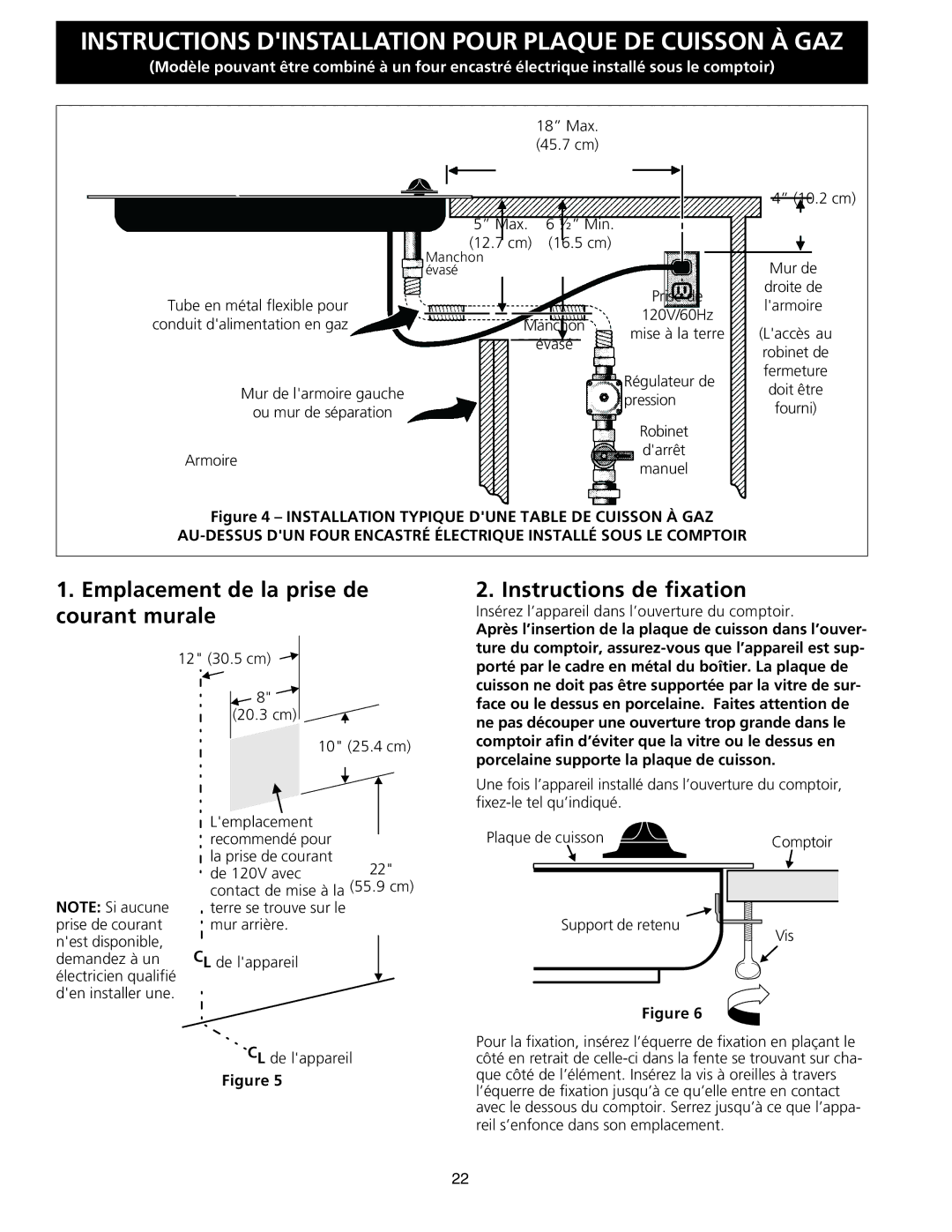 Frigidaire FGC36S5EC, 318201463 (0711) dimensions Emplacement de la prise de courant murale, Instructions de fixation 