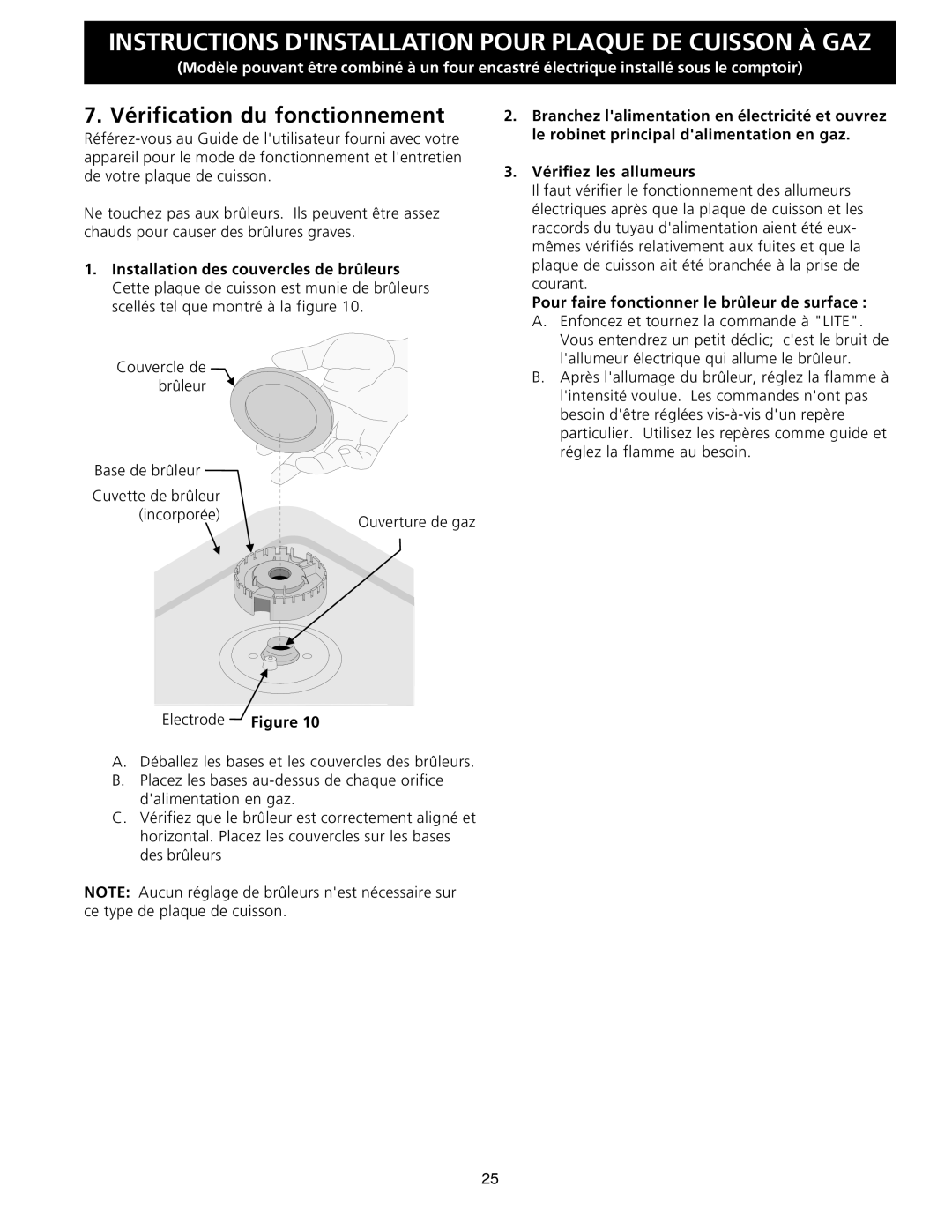 Frigidaire 318201463 (0711), FGC36S5EC Vérification du fonctionnement, Pour faire fonctionner le brûleur de surface 