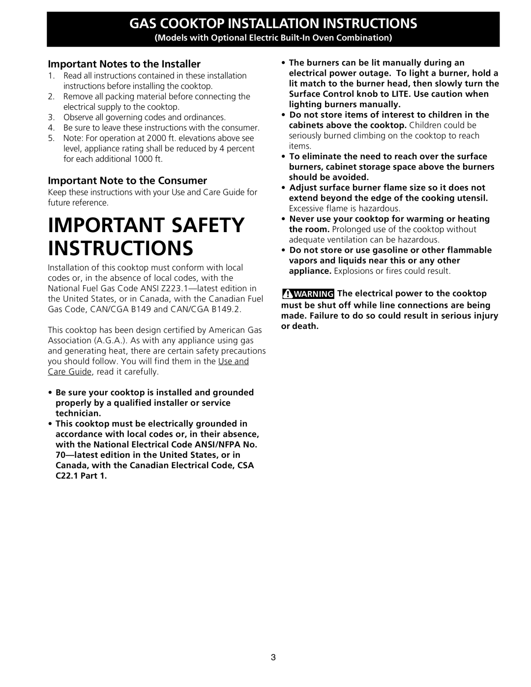 Frigidaire 318201463 (0711), FGC36S5EC dimensions Important Notes to the Installer, Important Note to the Consumer 