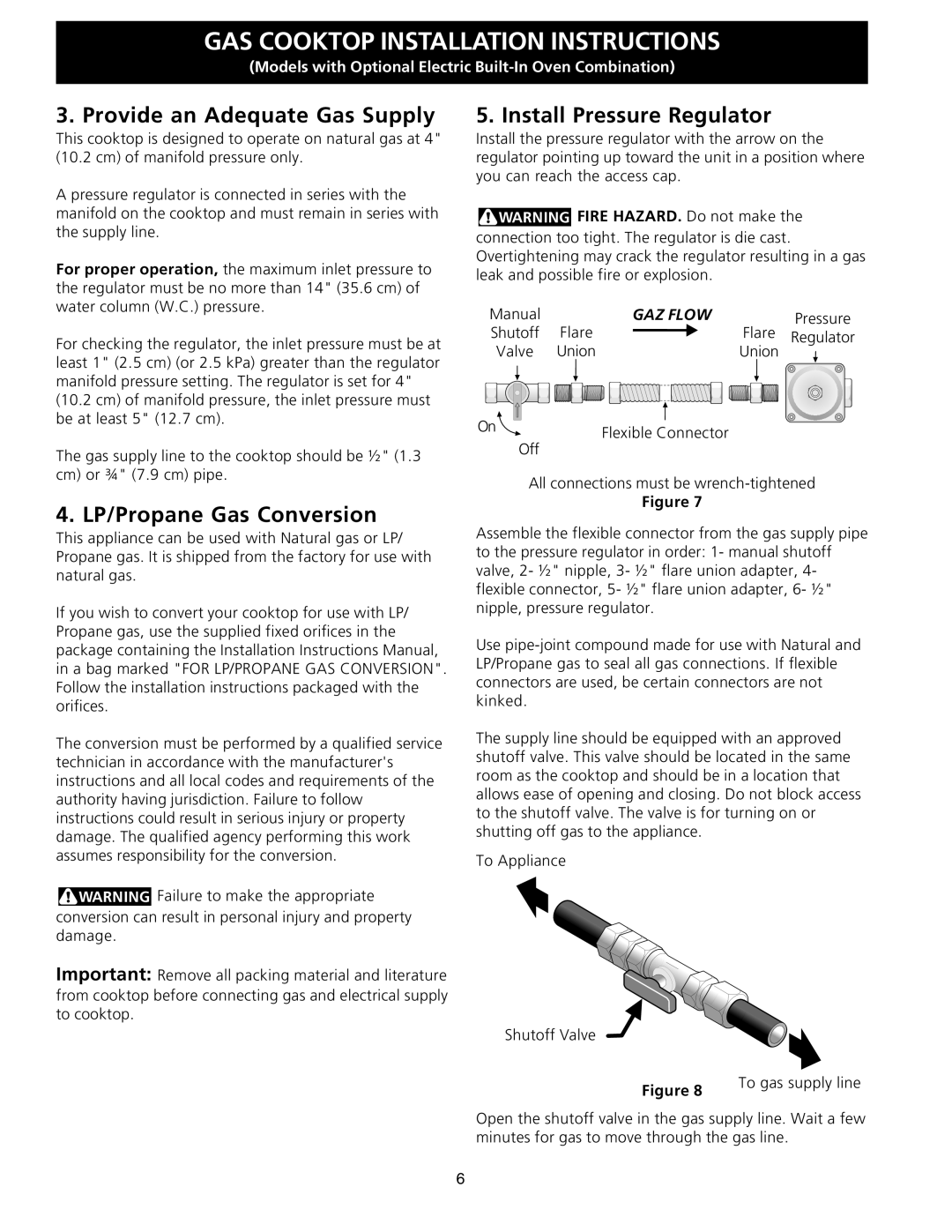 Frigidaire FGC36S5EC dimensions Provide an Adequate Gas Supply, LP/Propane Gas Conversion Install Pressure Regulator 