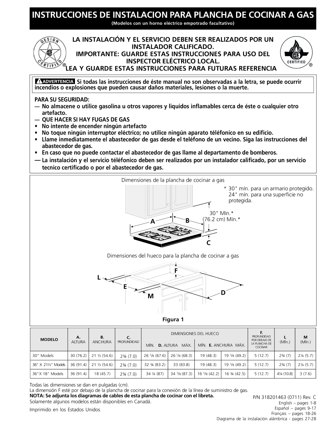 Frigidaire 318201463 (0711) Dimensiones de la plancha de cocinar a gas, 30 mín. para un armario protegido, Protegida 