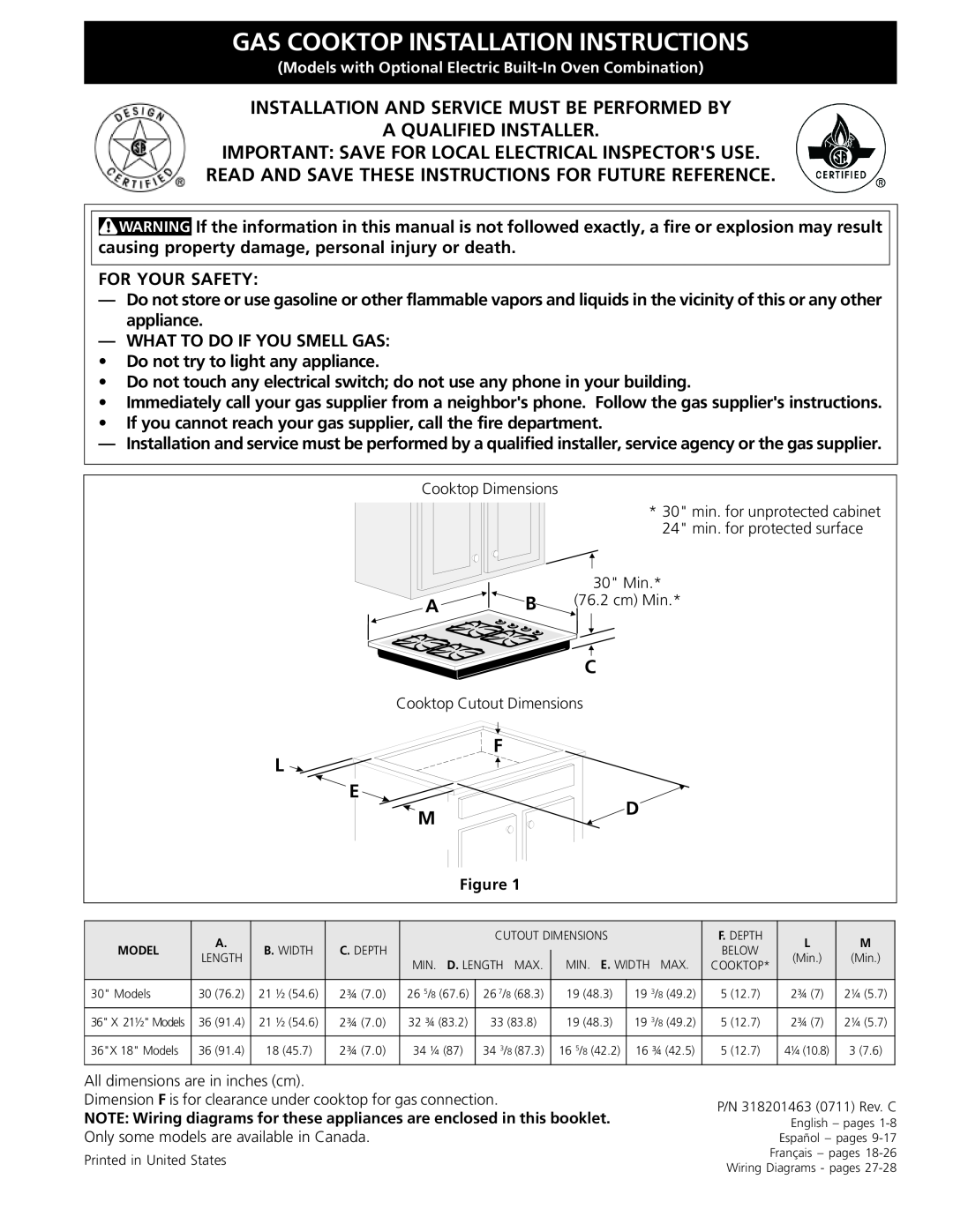 Frigidaire 318201463 (0711), FGC36S5EC dimensions Gas Cooktop Installation Instructions 