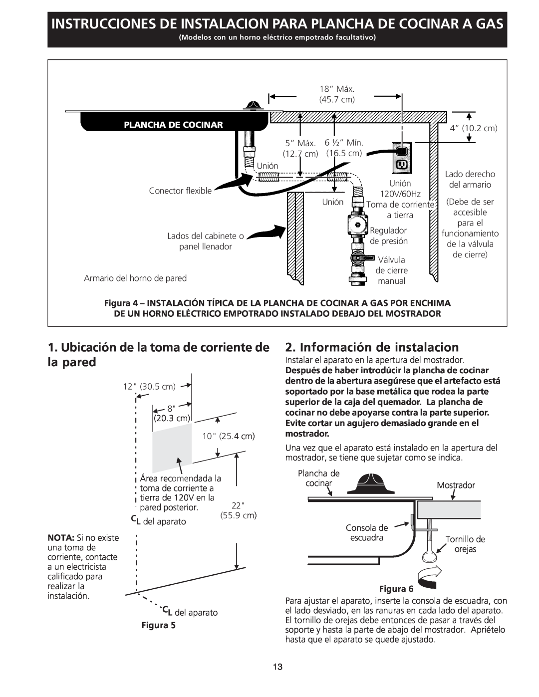 Frigidaire 318201463 (0711) Ubicación de la toma de corriente de la pared, Información de instalacion, Plancha De Cocinar 