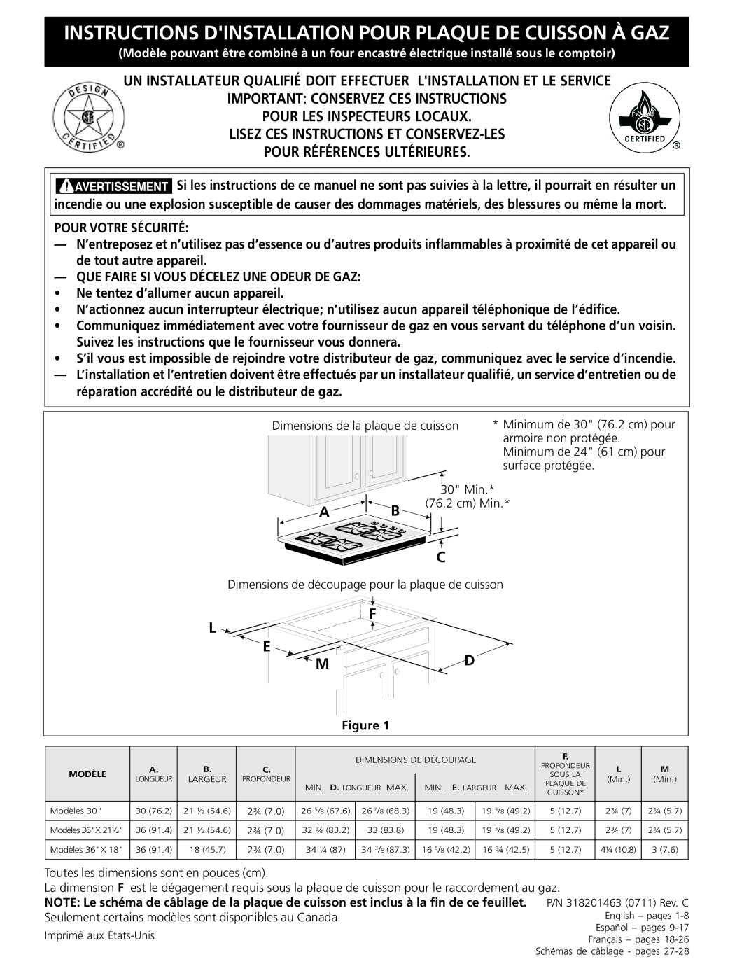 Frigidaire FGC36S5EC, 318201463 (0711) dimensions Instructions Dinstallation Pour Plaque De Cuisson À Gaz, L E M 