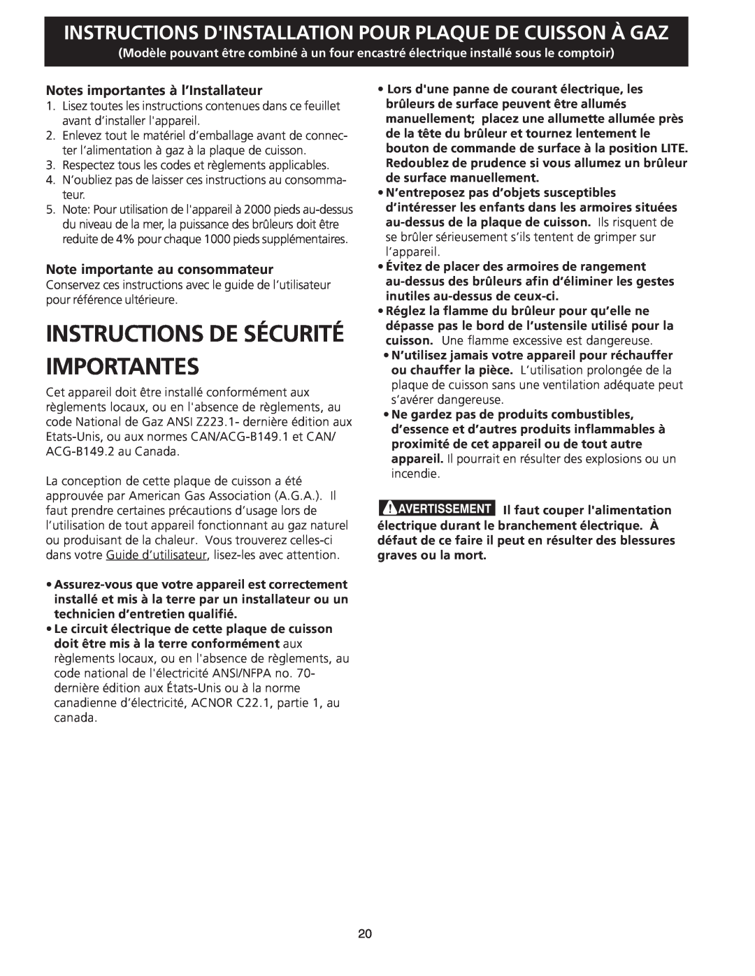 Frigidaire FGC36S5EC Instructions De Sécurité Importantes, Instructions Dinstallation Pour Plaque De Cuisson À Gaz 