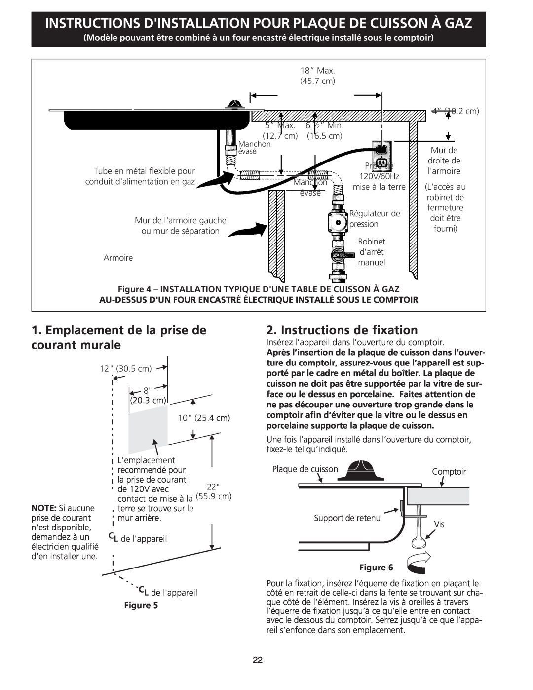 Frigidaire FGC36S5EC dimensions Emplacement de la prise de courant murale, Instructions de fixation, Plaque De Cuisson 