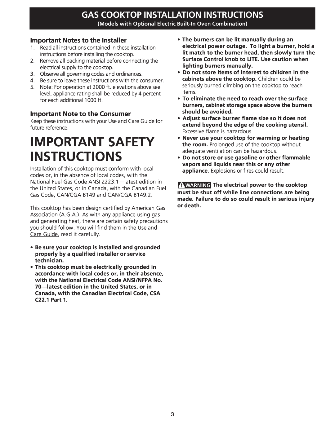Frigidaire 318201463 (0711), FGC36S5EC dimensions Important Notes to the Installer, Important Note to the Consumer 