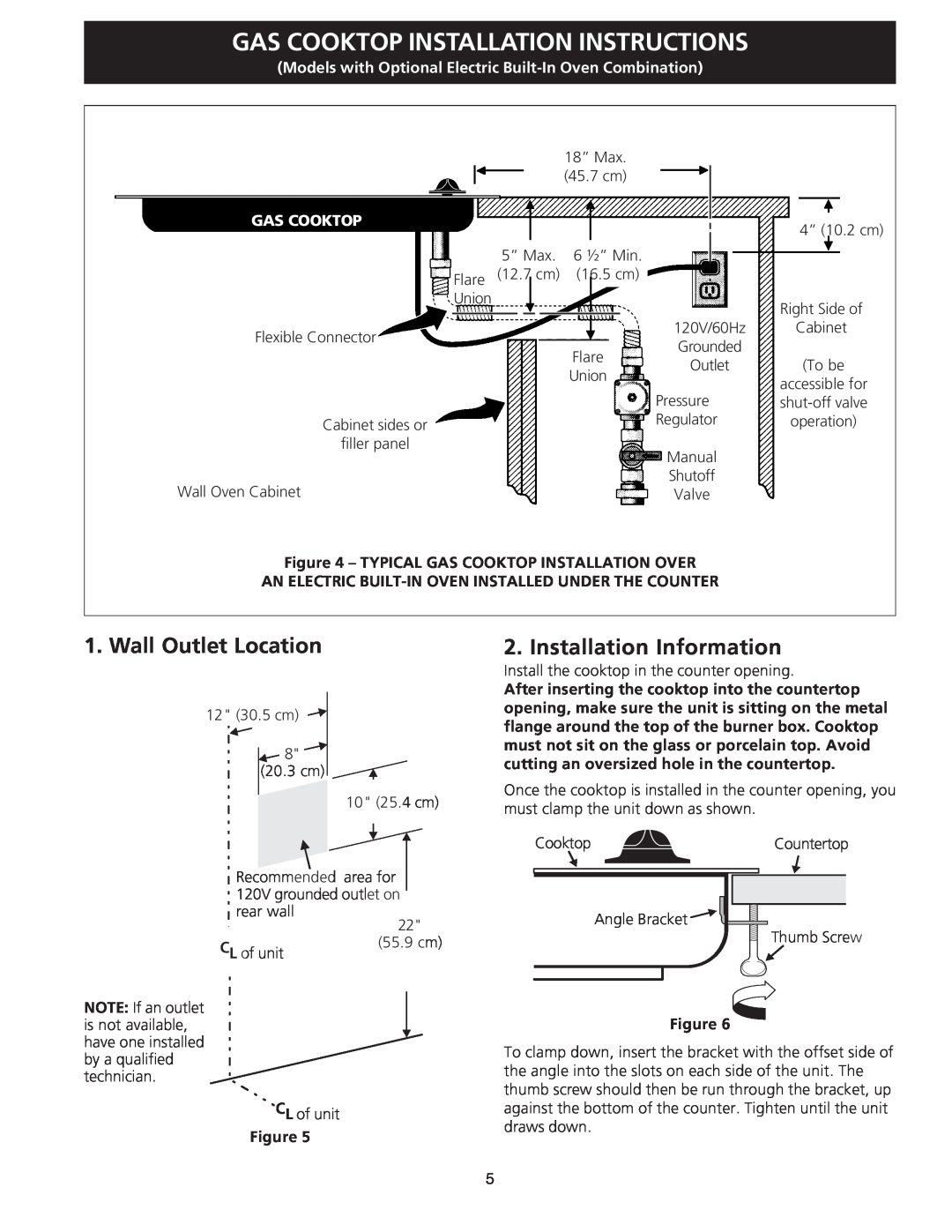 Frigidaire 318201463 (0711) Wall Outlet Location, Installation Information, Gas Cooktop Installation Instructions 