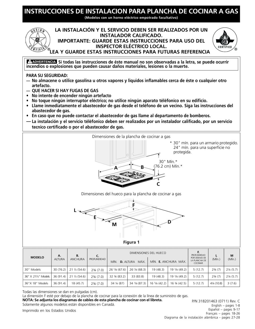 Frigidaire 318201463 (0711), FGC36S5EC Instrucciones De Instalacion Para Plancha De Cocinar A Gas, Instalador Calificado 