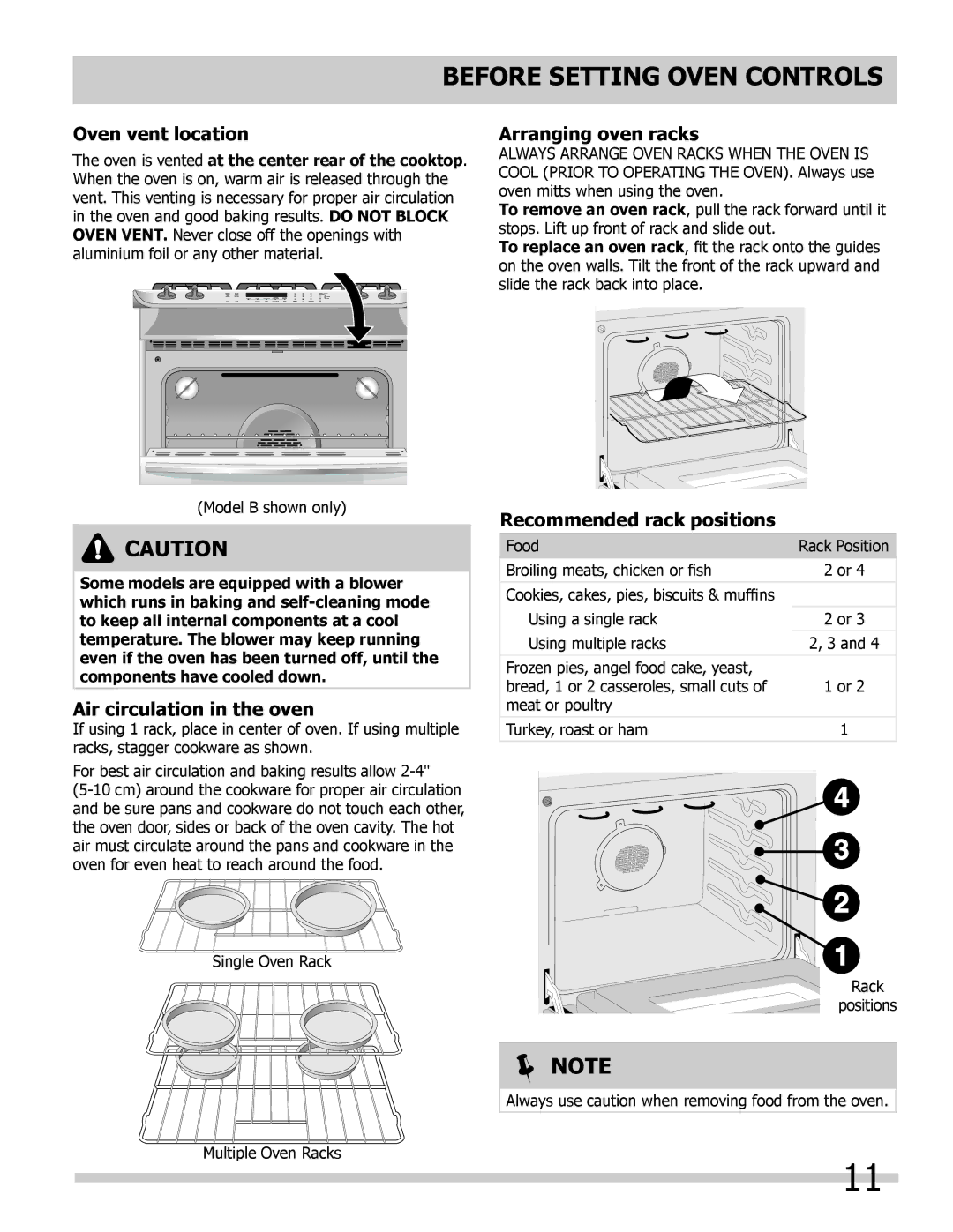 Frigidaire FPDS3085KF Before Setting Oven Controls, Oven vent location, Arranging oven racks, Air circulation in the oven 