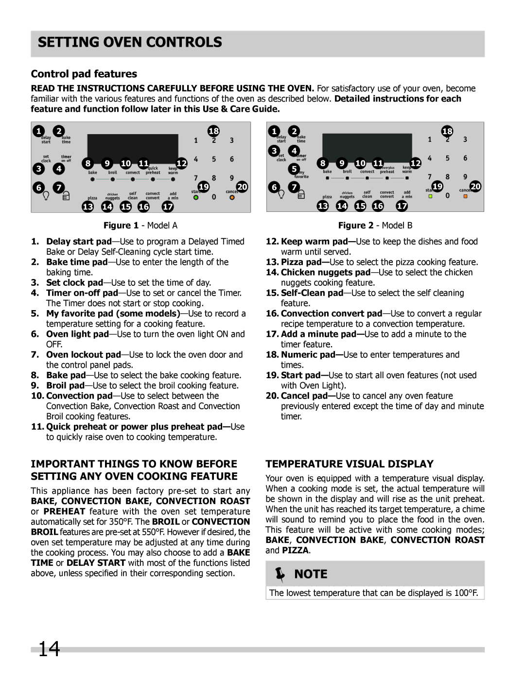 Frigidaire FGDS3065KF, FGDS3065KB, FGDS3065KW manual Setting Oven Controls, Control pad features, Temperature Visual Display 