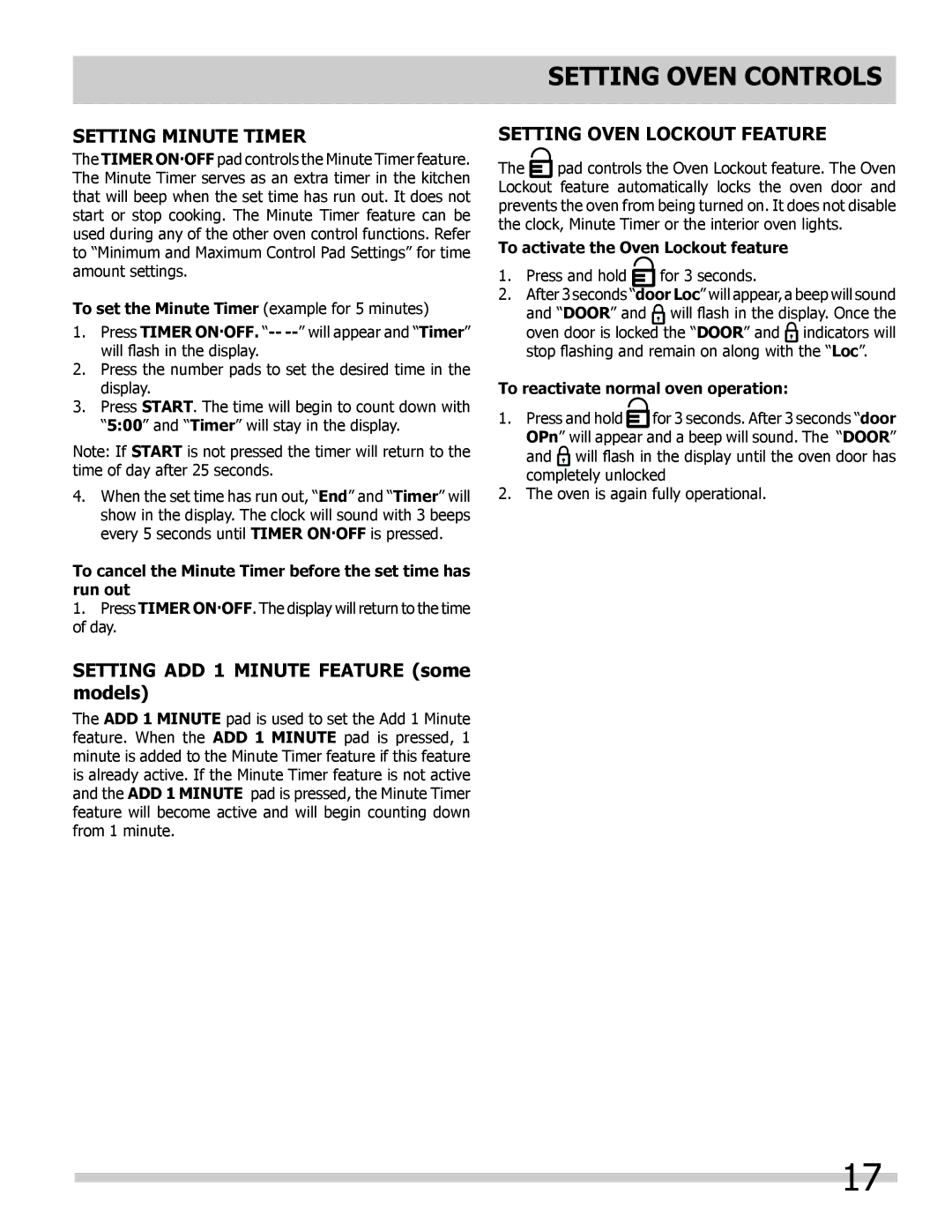 Frigidaire FGDS3065KW manual Setting Minute Timer, Setting ADD 1 Minute Feature some models, Setting Oven Lockout Feature 