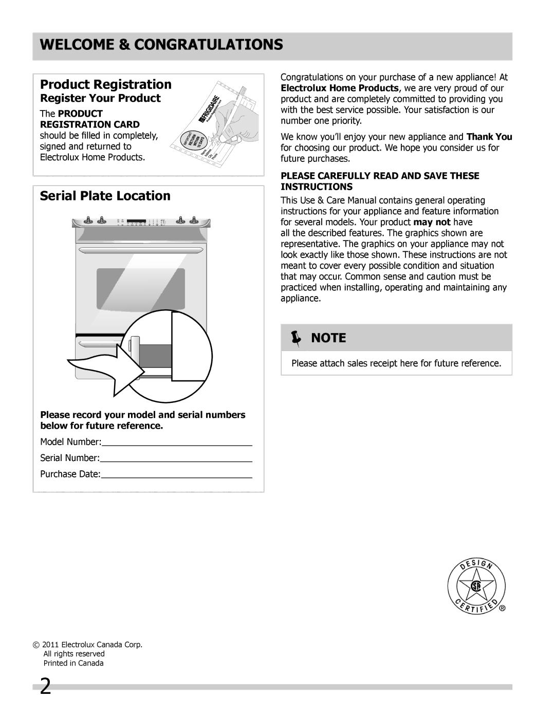 Frigidaire FGDS3065KF Welcome & Congratulations, Register Your Product, Please Carefully Read and Save These Instructions 