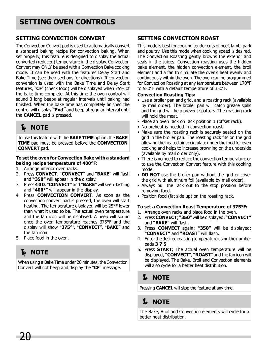 Frigidaire FGDS3065KB, FGDS3065KW manual Setting Convection Convert, Setting Convection Roast, Convection Roasting Tips 