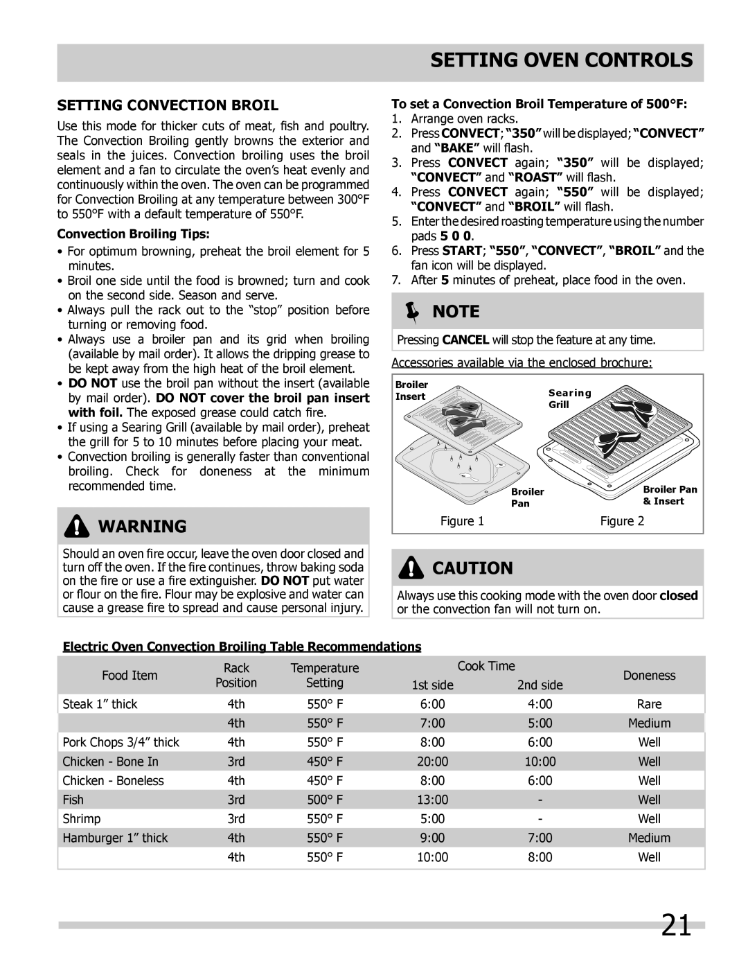 Frigidaire FGDS3065KW Setting Convection Broil, Convection Broiling Tips, To set a Convection Broil Temperature of 500F 