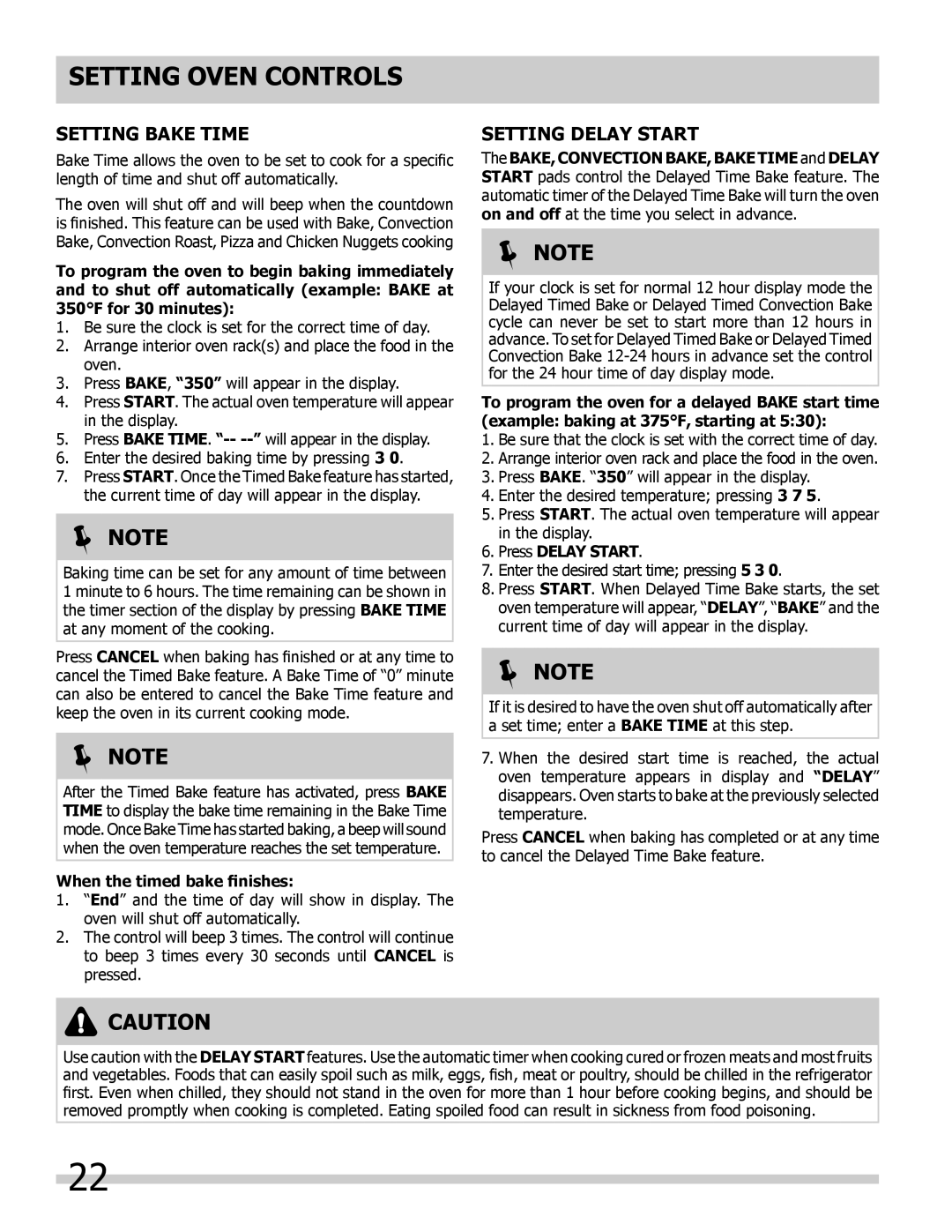 Frigidaire FGDS3065KF, FGDS3065KB Setting Bake Time, Setting Delay Start, When the timed bake ﬁnishes, Press Delay Start 