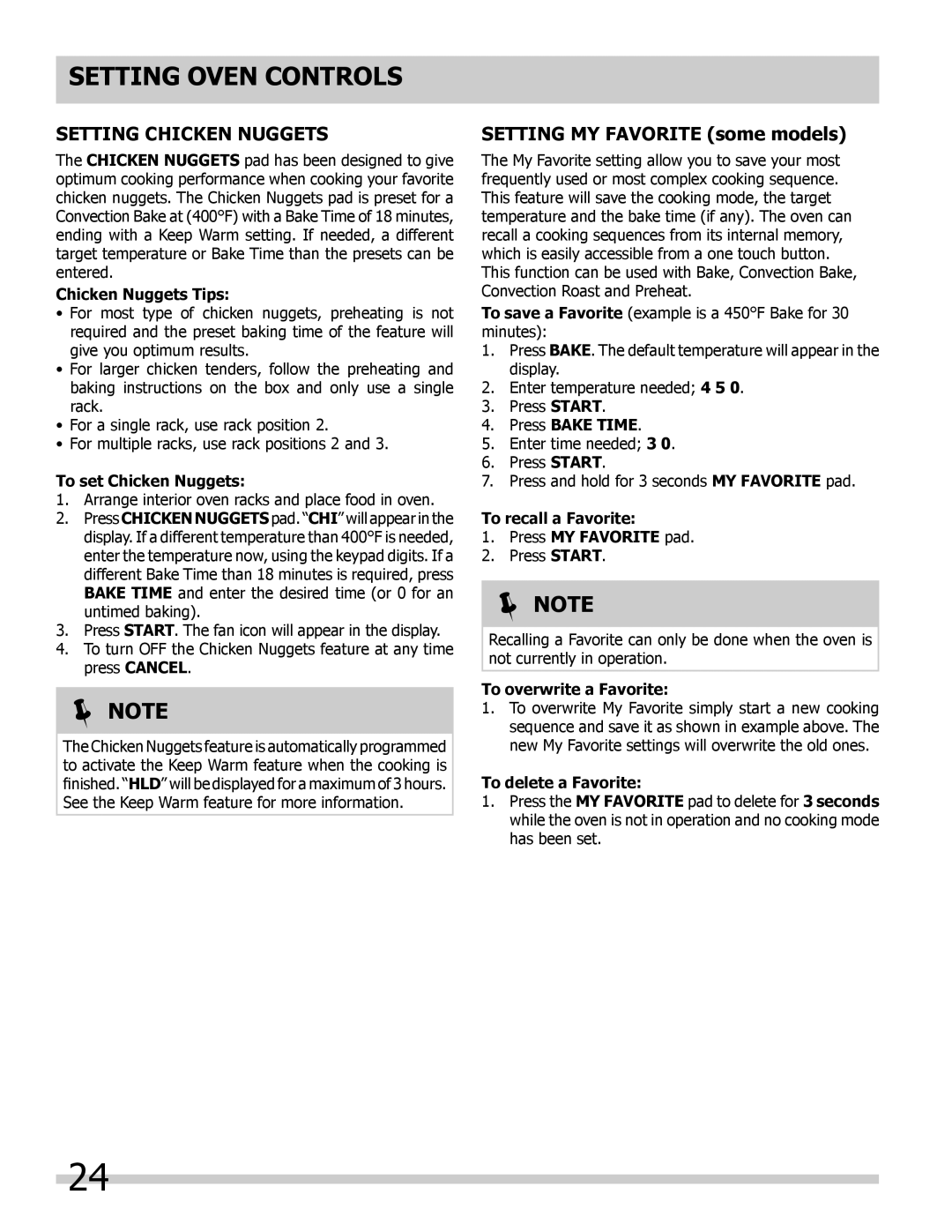 Frigidaire FGDS3065KB, FGDS3065KW, FGDS3065KF, FPDS3085KF manual Setting Chicken Nuggets, Setting MY Favorite some models 