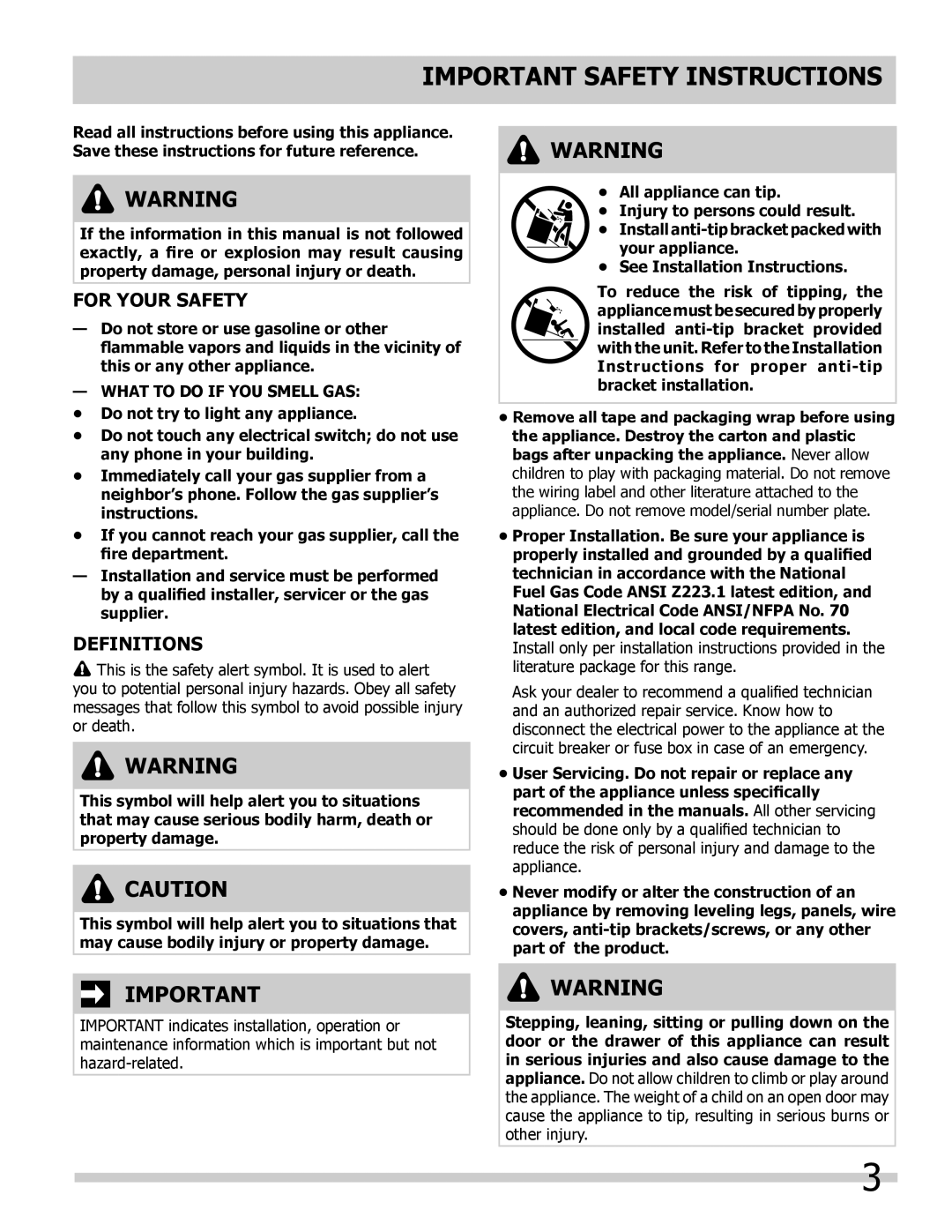 Frigidaire FPDS3085KF, FGDS3065KB Important Safety Instructions, For Your Safety, Definitions, What to do if YOU Smell GAS 