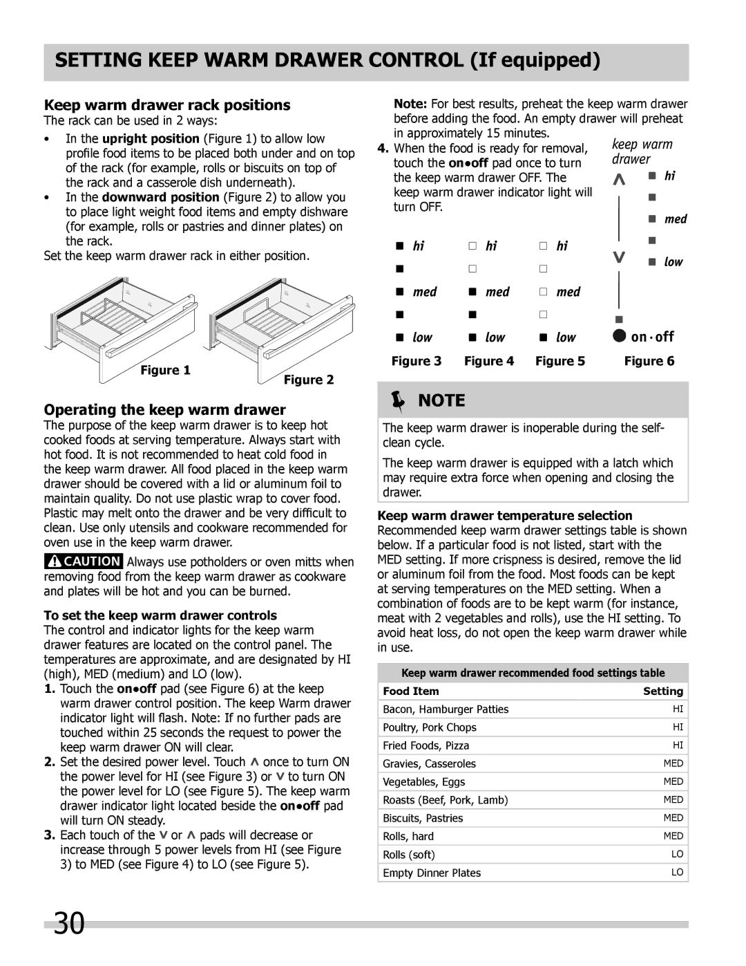 Frigidaire FGDS3065KF, FGDS3065KB, FGDS3065KW, FPDS3085KF Keep warm drawer rack positions, Operating the keep warm drawer 