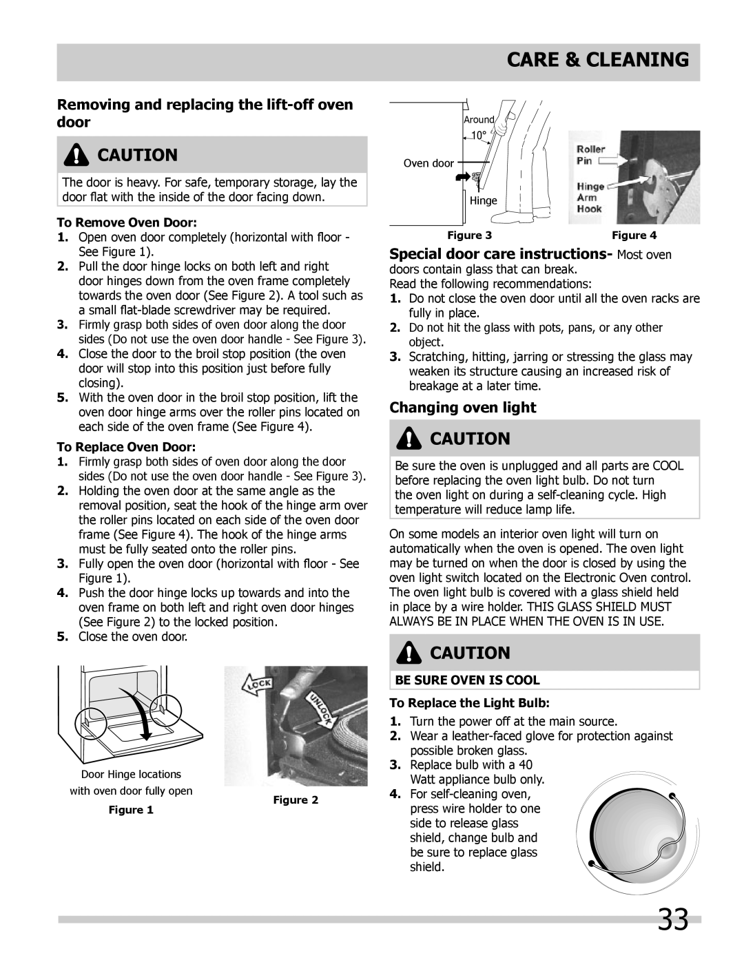 Frigidaire FGDS3065KW, FGDS3065KB Removing and replacing the lift-off oven door, Changing oven light, Be Sure Oven is Cool 