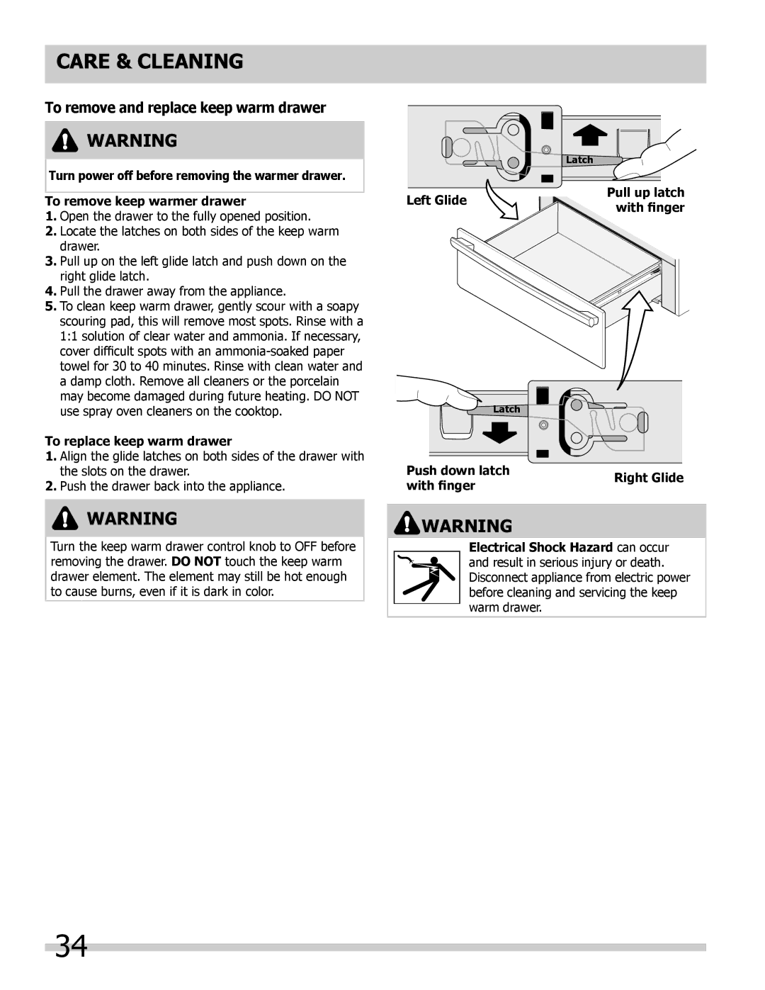 Frigidaire FGDS3065KF, FGDS3065KB manual To remove and replace keep warm drawer, To replace keep warm drawer, Left Glide 