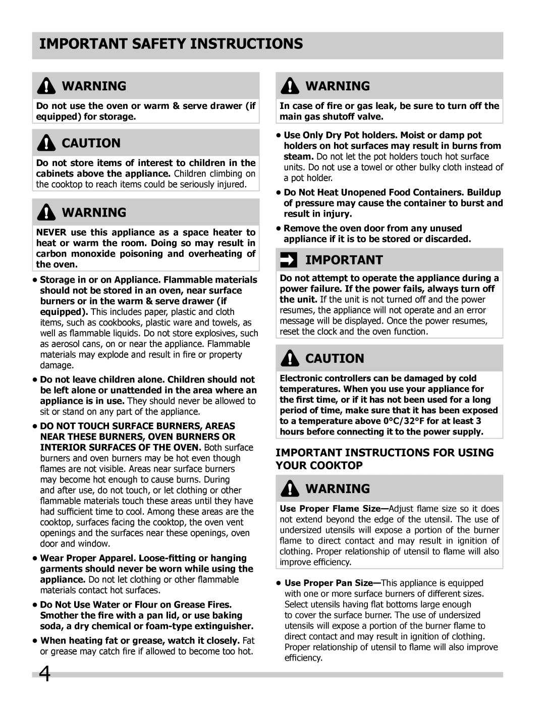 Frigidaire FGDS3065KB, FGDS3065KW, FGDS3065KF, FPDS3085KF manual Important Instructions for Using Your Cooktop 