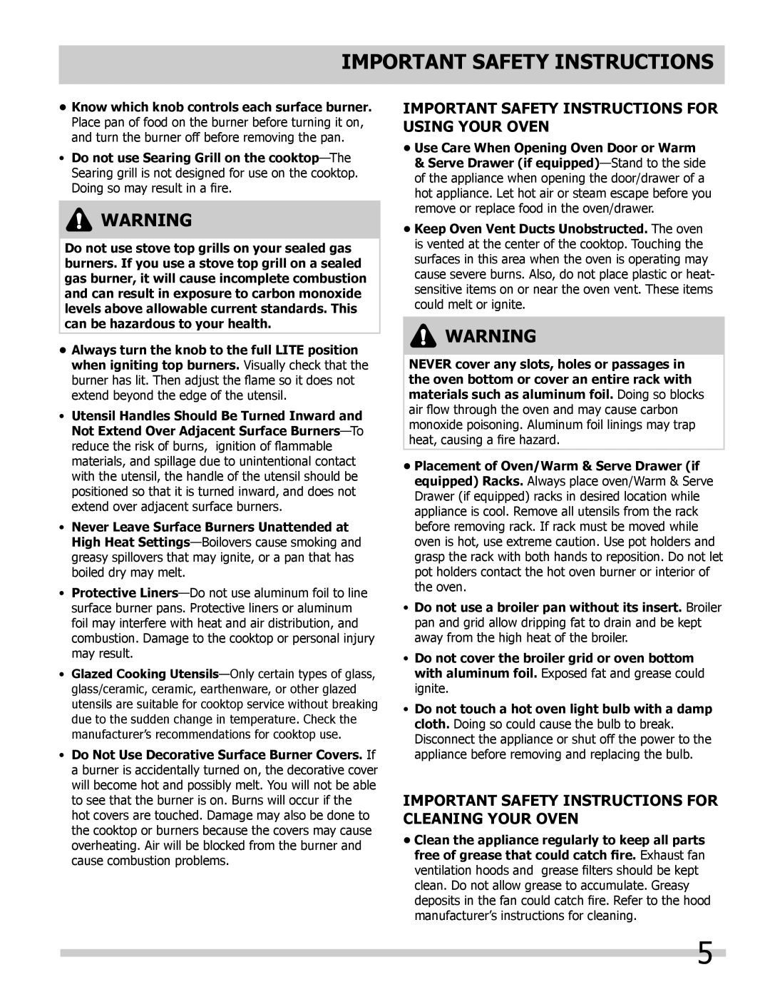 Frigidaire FGDS3065KW Important Safety Instructions for Using Your Oven, Know which knob controls each surface burner 