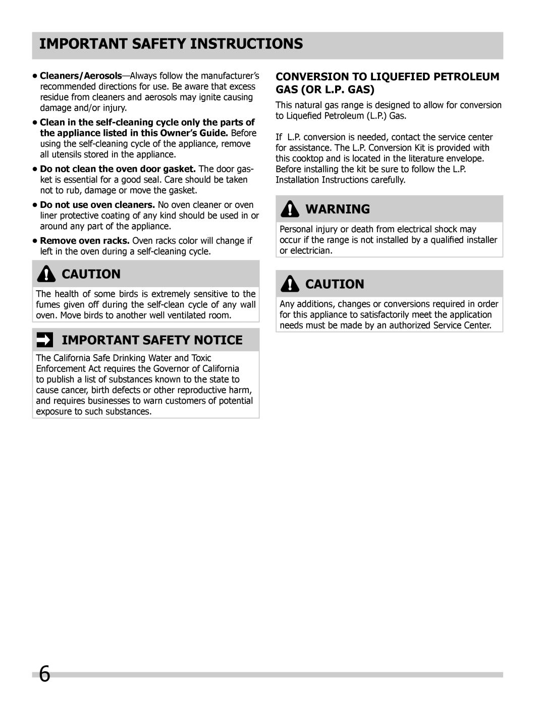 Frigidaire FGDS3065KF, FGDS3065KB, FGDS3065KW Important Safety Notice, Conversion to Liquefied Petroleum GAS or L.P. GAS 