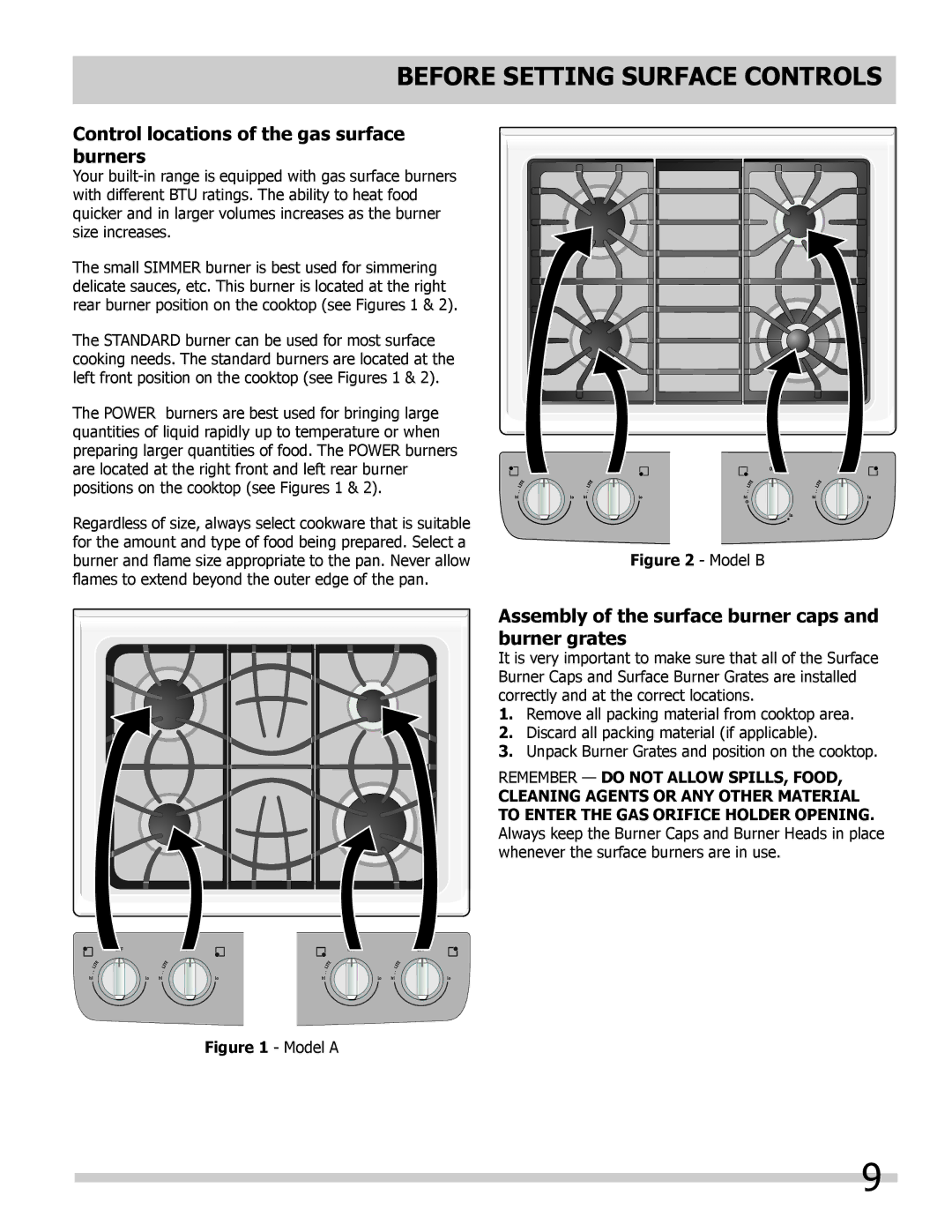 Frigidaire FGDS3065KW, FGDS3065KB, FGDS3065KF Before Setting Surface Controls, Control locations of the gas surface burners 