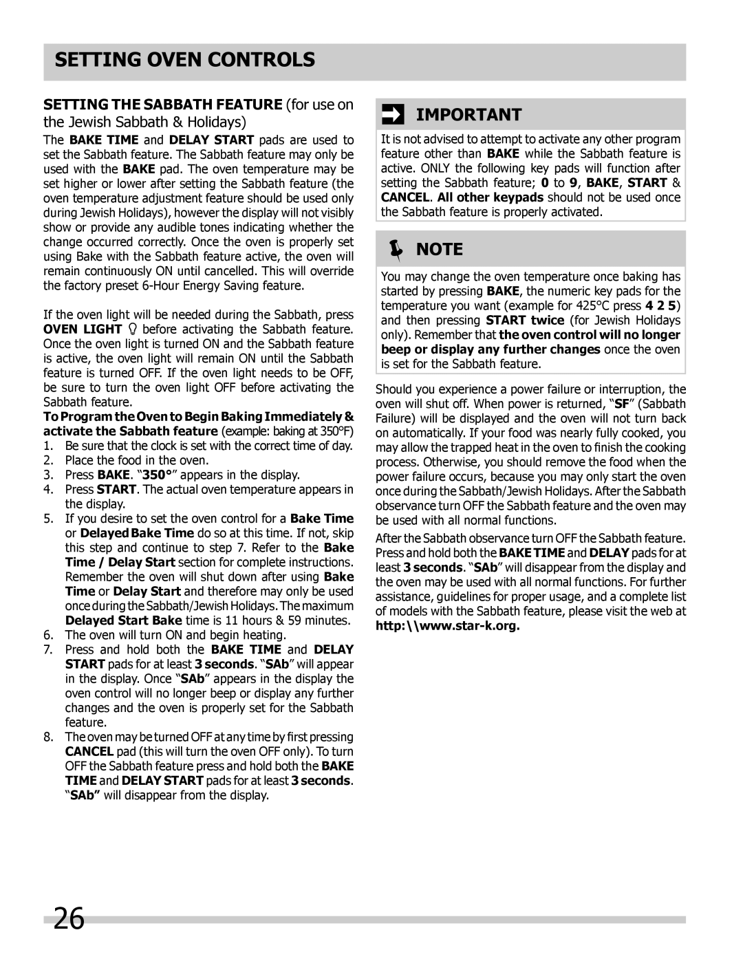 Frigidaire FGDS3065KF SETTING THE SABBATH FEATURE for use on, the Jewish Sabbath & Holidays, Setting Oven Controls,  Note 