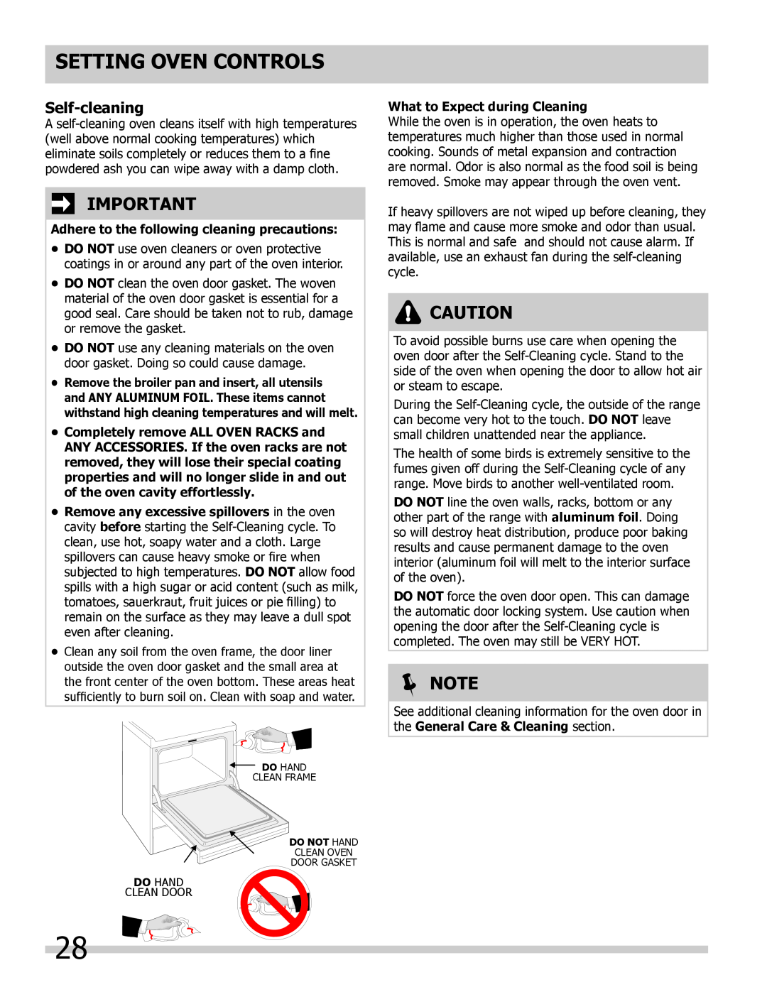 Frigidaire FGDS3065KB Self-cleaning, Adhere to the following cleaning precautions, What to Expect during Cleaning,  Note 