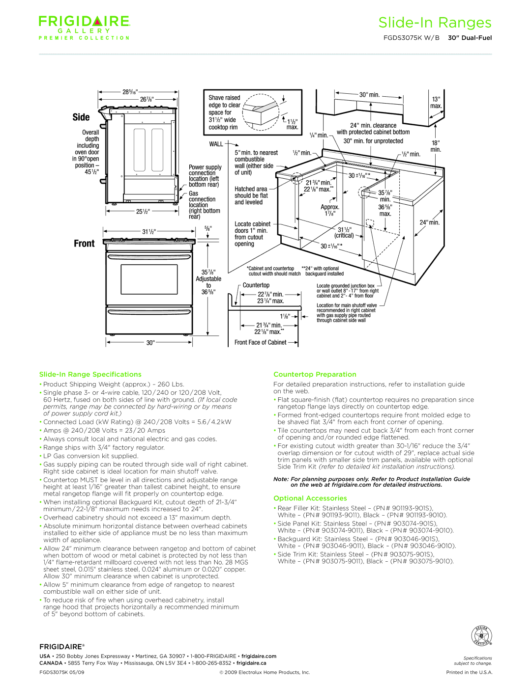 Frigidaire FGDS3075K W/B dimensions Slide-In Range Specifications, Countertop Preparation, Optional Accessories 