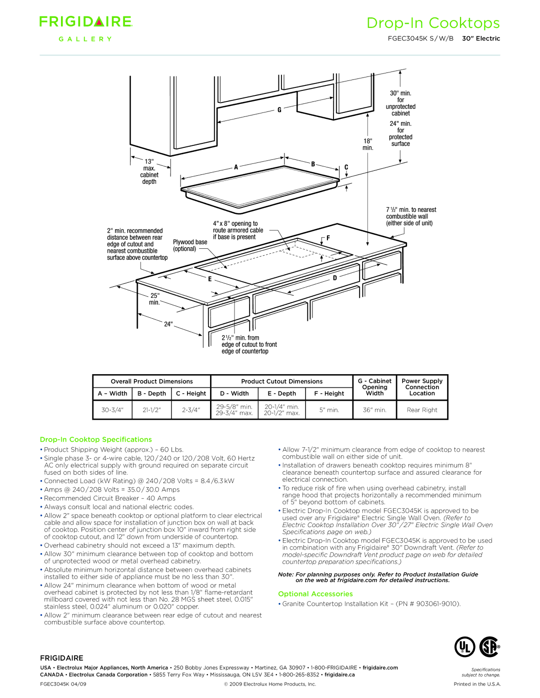 Frigidaire FGEC3045KW, FGEC3045KB, FGEC3045KS dimensions Drop-In Cooktop Specifications, Optional Accessories 