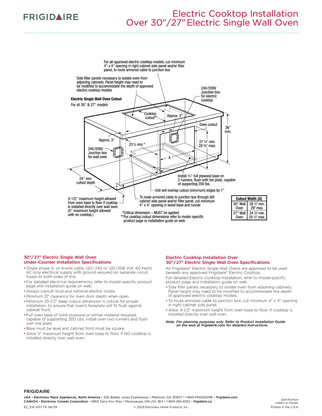 Frigidaire FGEC3065K dimensions Ecew Inst FR 04/09 